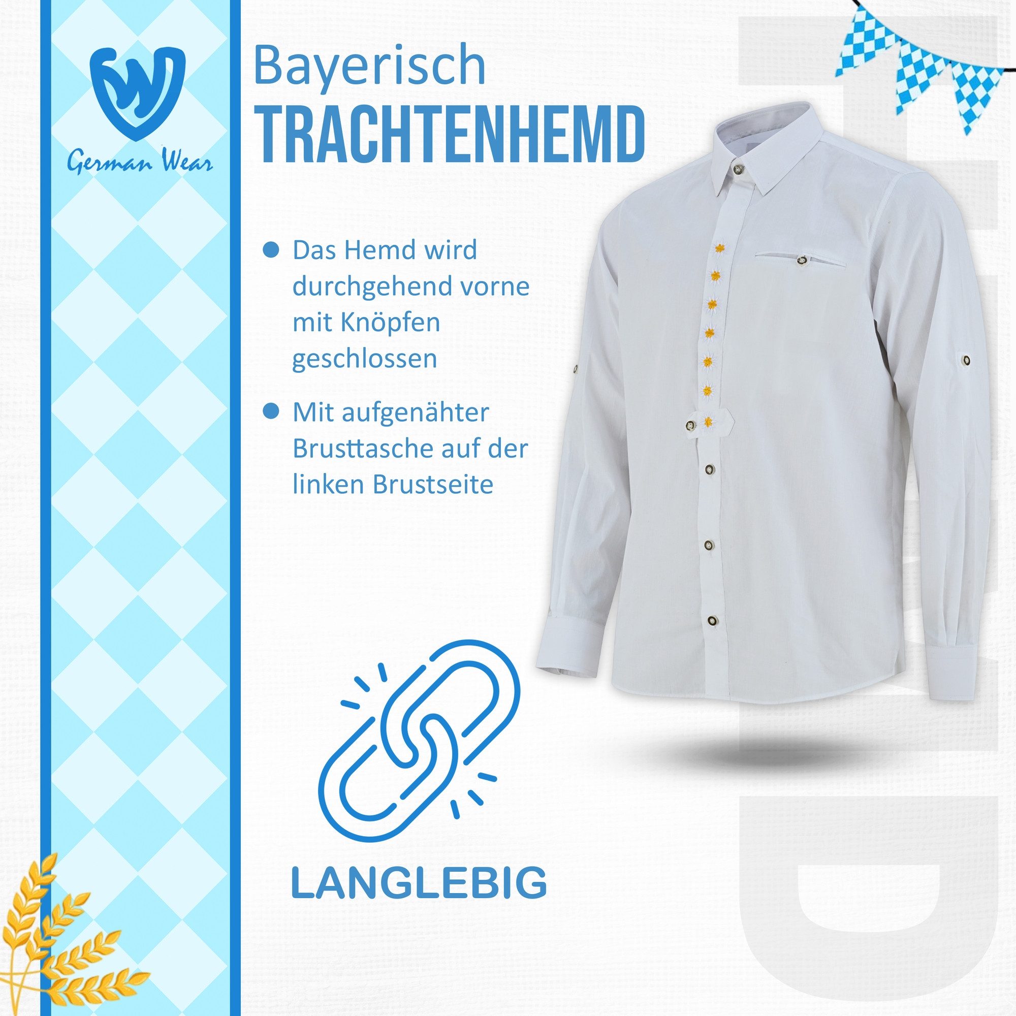 German Wear Trachtenhemd GW1252 Trachtenhemd Hemd als Trachtenmode Weiß Edelweiß Bestickt – Bild 5 von 5