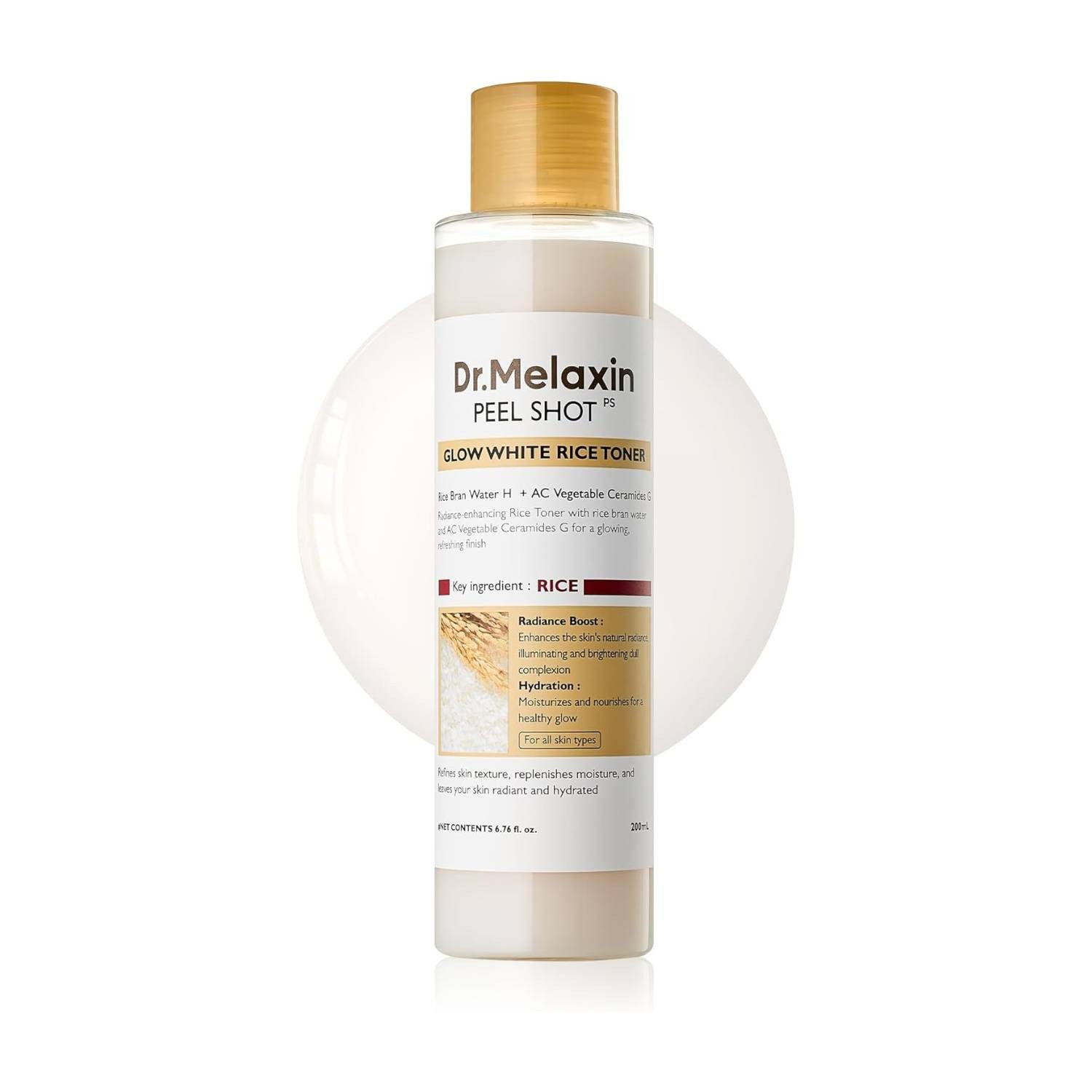 Dr.Melaxin Toner Peel Shot Glow White Rice Toner 200ml – aufhellendes Gesichtswasser mit Reiskleiewasser, Niacinamid & Hyaluron – Glow White, Rice Toner für ebenmäßigen Hautton