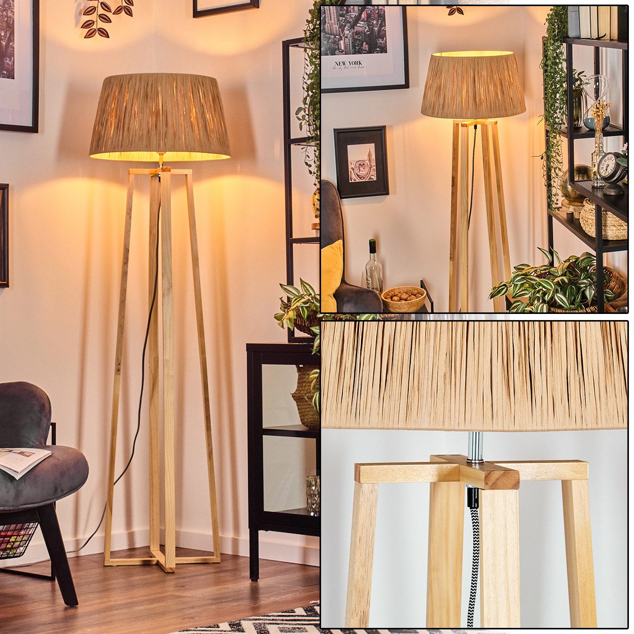 Stehlampe Stehlampe mit Holzfuß und Schirm aus Bast