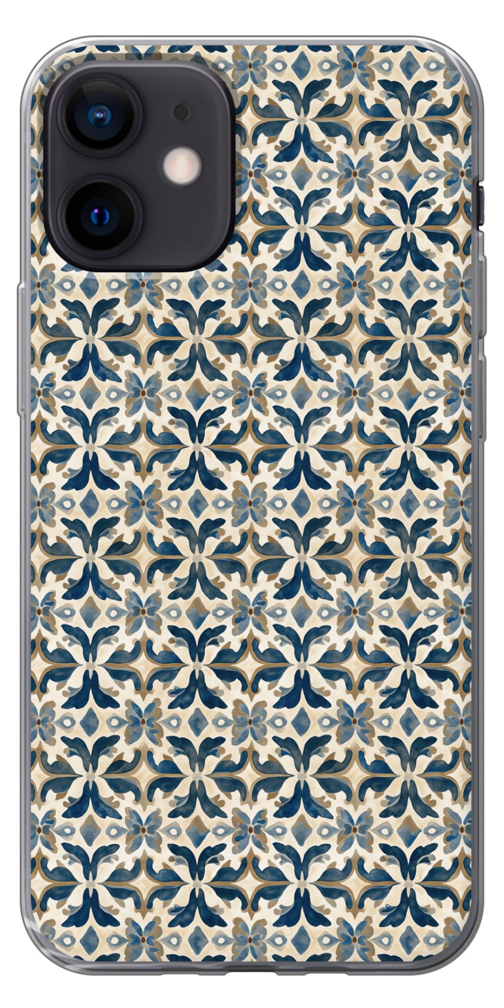 MuchoWow Handyhülle für Apple iPhone 12 Fliese - Muster - Blau - Beige, Smartphone-Bumper, Print, Handy Schutzhülle Dünn