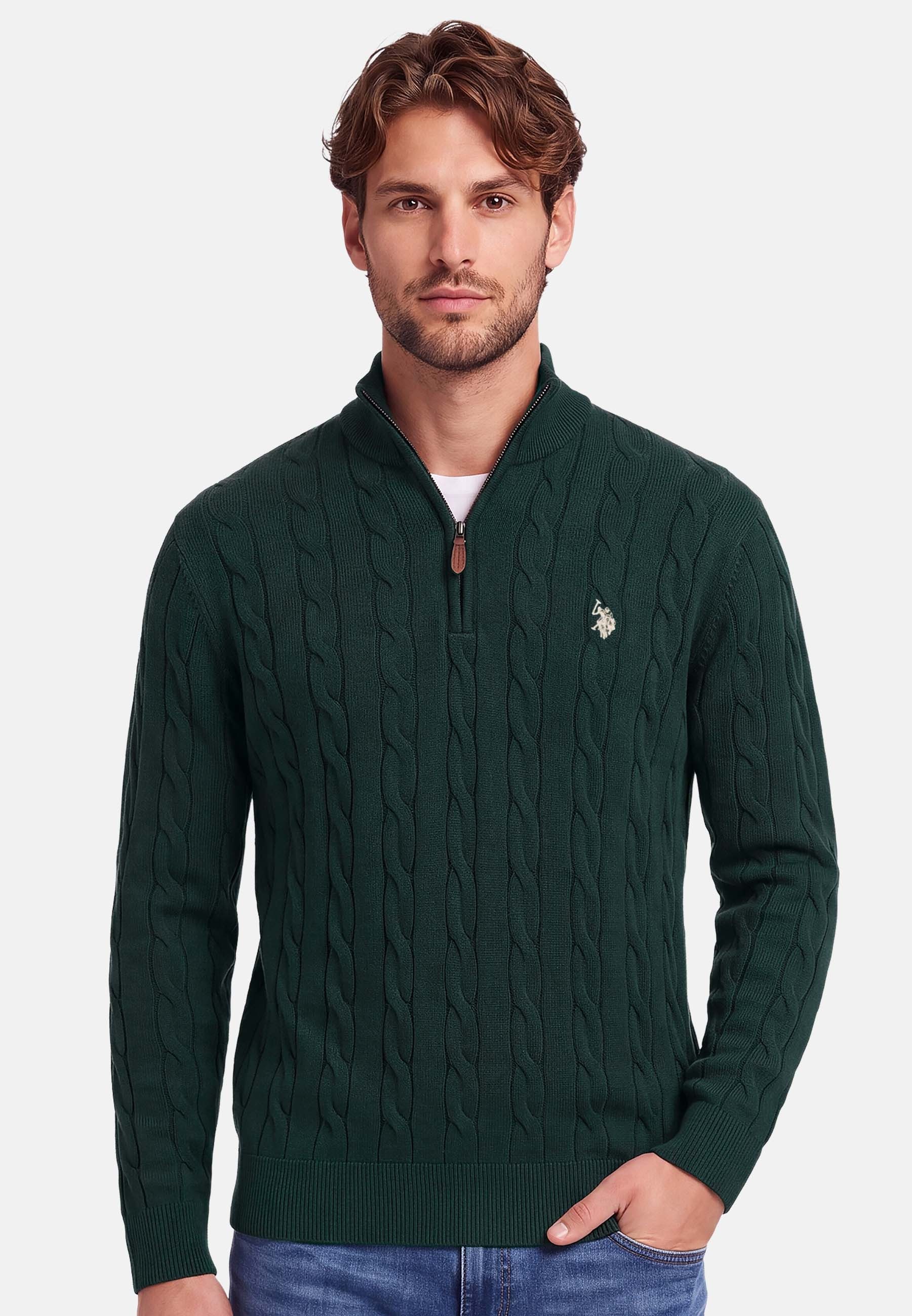 U.S. Polo Assn. Rundhalspullover Herren Halfzip Pullover mit Zopfmuster und Stehkragen 100% Baumwolle, weich, klassischer Zopfstrick-Look mit Half-Zip