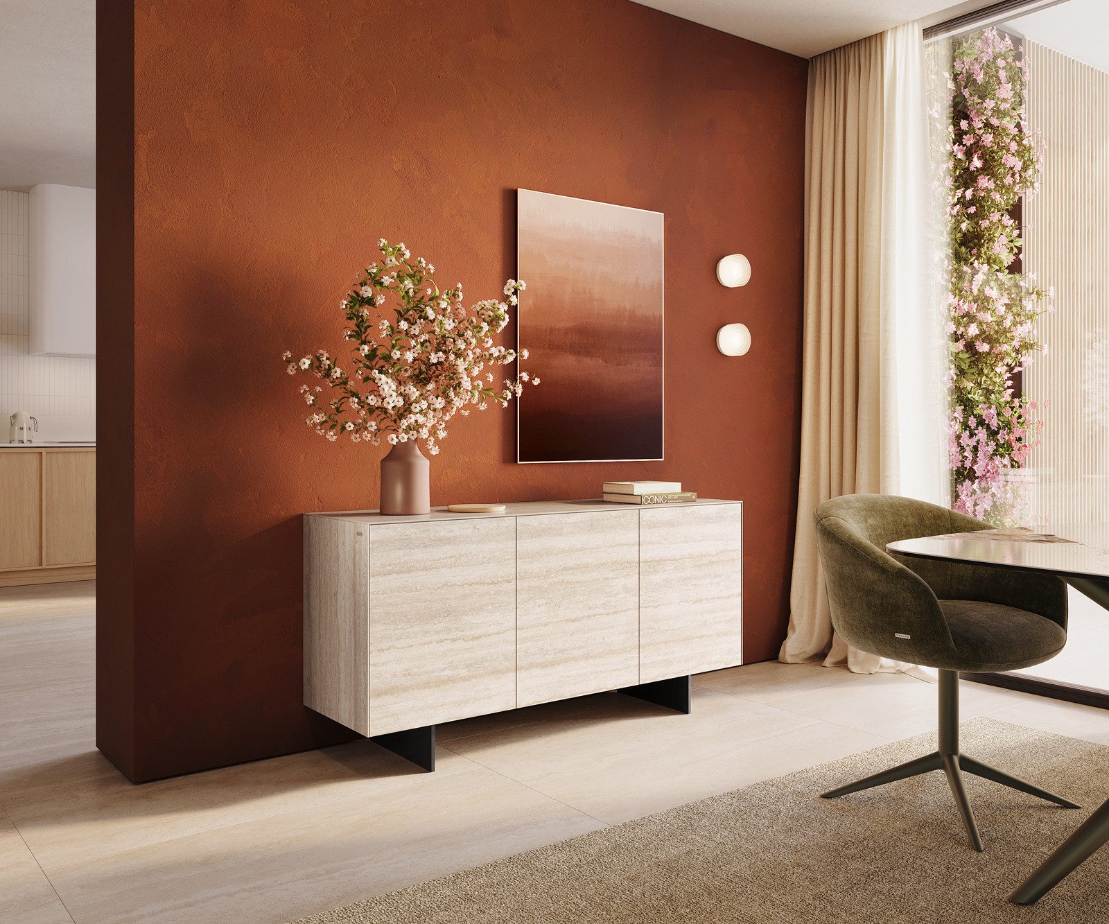 DELIFE Sideboard Cuor, Keramik Laminam® Travertino Bianco Creme-Weiß 150 cm 3 Türen Fuß Schwe