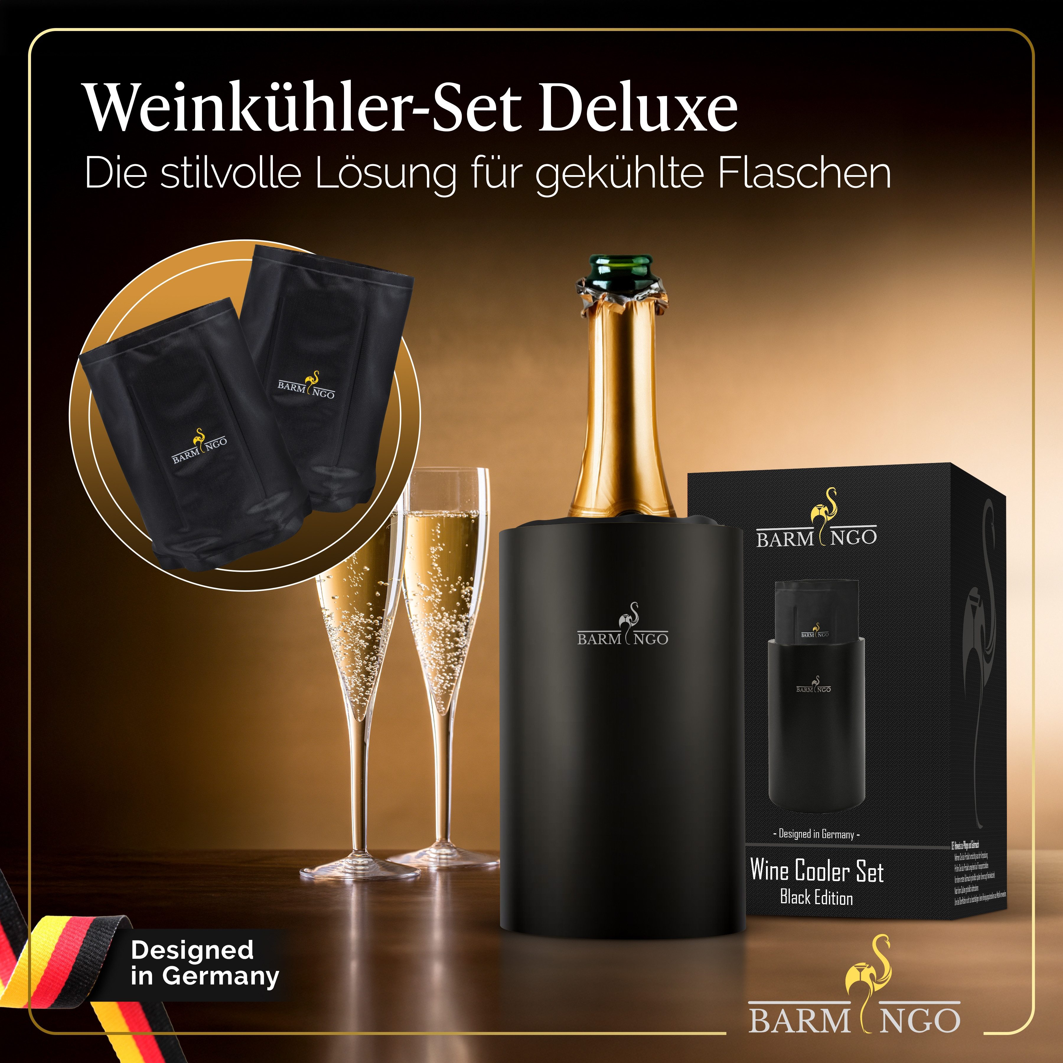 BARMINGO Wein- und Sektkühler Edelstahl mit 2 Kühlmanschetten, Weinflaschenkühler & Getränkekühler, doppelwandiger Flaschenkühler für Wein, Sekt & Champagner
