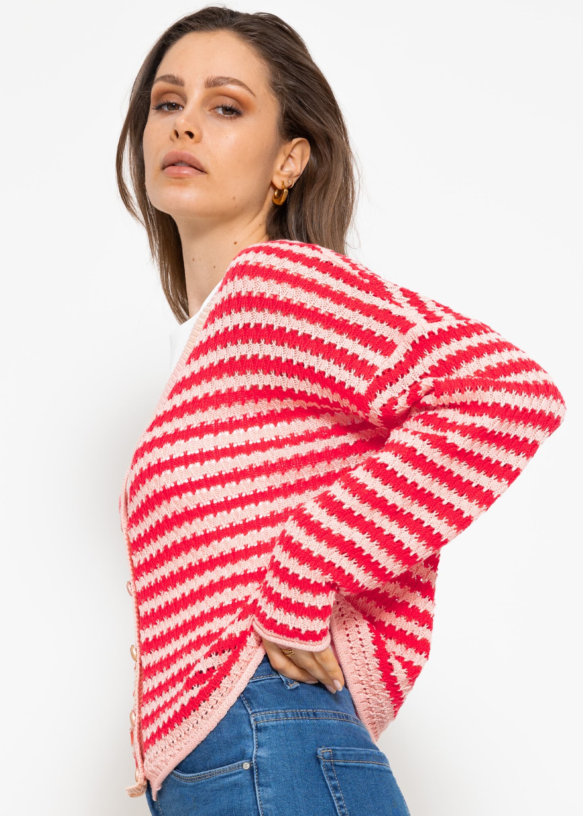 SASSYCLASSY Cardigan Oversize Strickjacke Damen mit Ajour Strick Lässiger Cardigan aus Grobstrick gestreift mit V-Ausschnitt Blau Rot