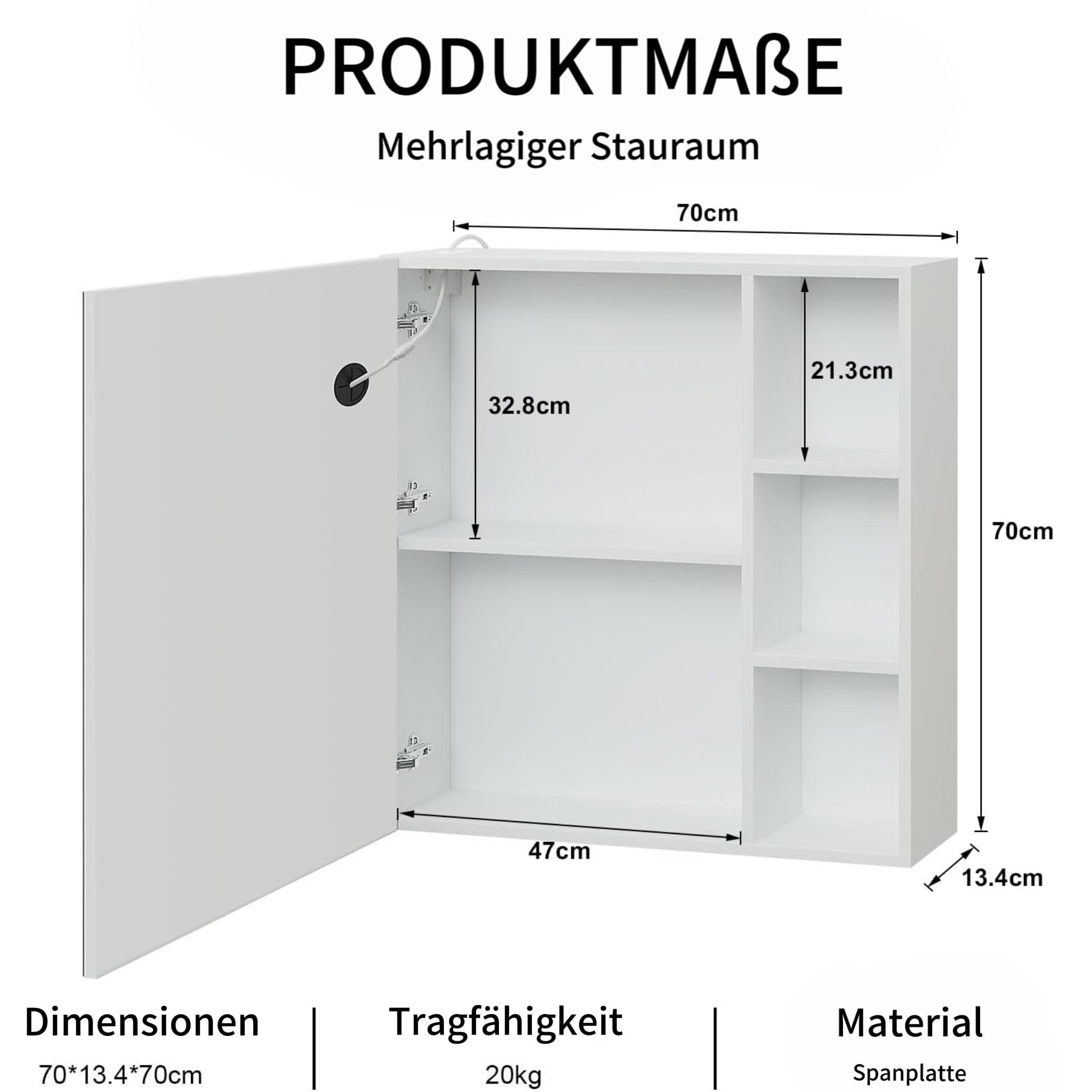 radelldar Spiegelschrank LED Badspiegelschrank mit Stauraum, Hängender Medizinschrank (1-St) mit 3 Lichtfarben & Speicherfunktion, 70 x 70 cm