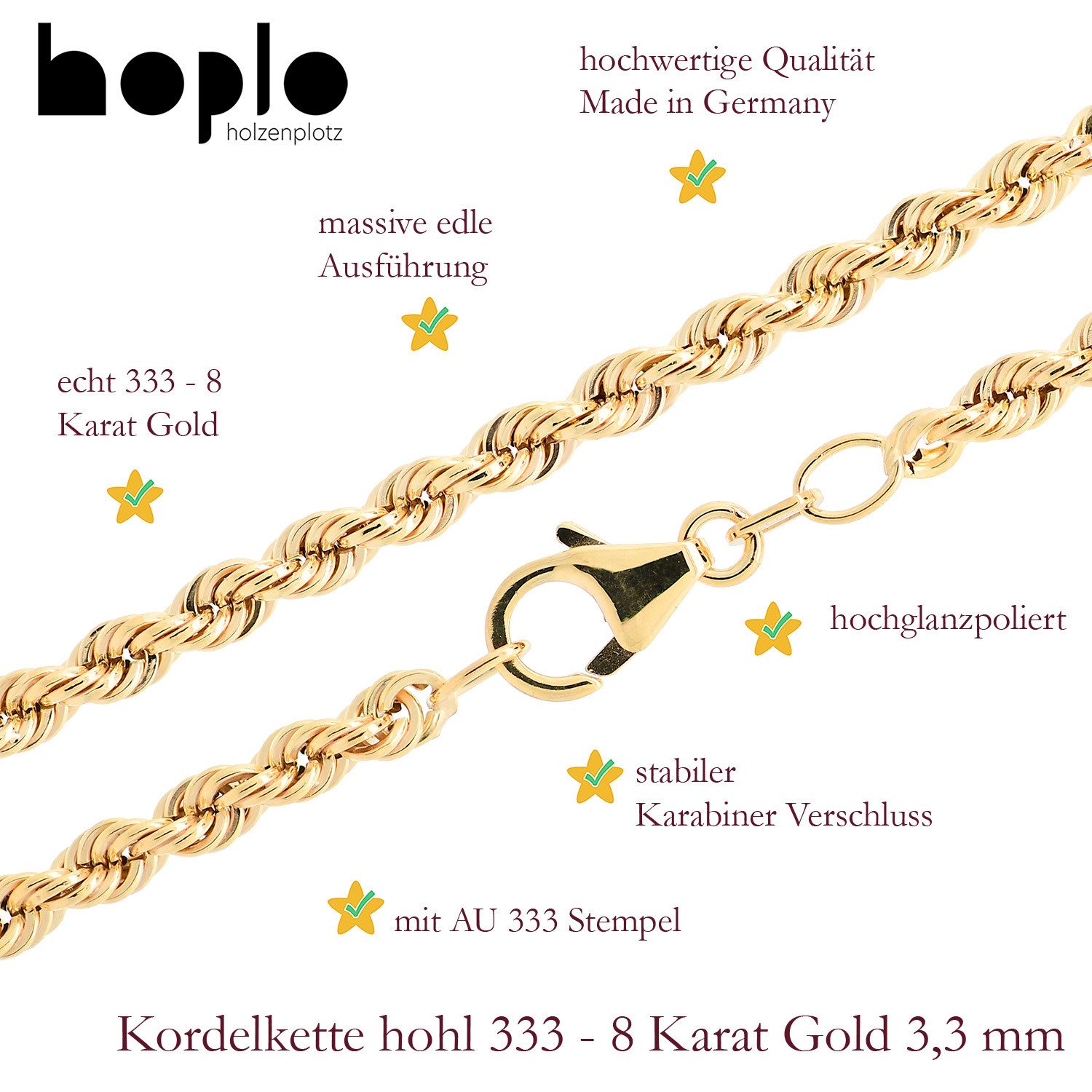 HOPLO Goldarmband Goldarmband Kordelkette hohl 3,3 mm Armkette 19 cm - 333-8 Karat Gold, Made in Germany – Bild 4 von 4