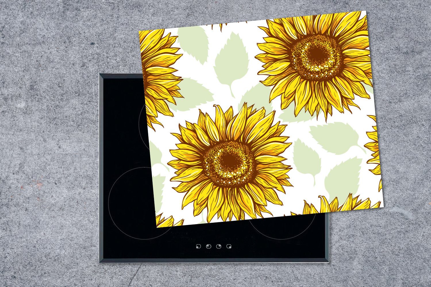 Blumen, 60x52 - Herdblende-/Abdeckplatte (1 Sonnenblume MuchoWow tlg), Vinyl, Muster Arbeitsfläche nutzbar, cm, Mobile Ceranfeldabdeckung -