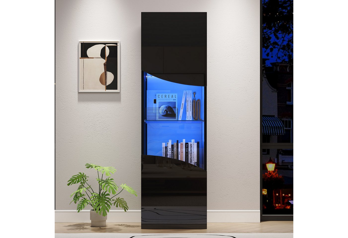 Celya Vitrine hoher Schrank mit großem Stauraum und LED-Beleuchtung (konkav bogenförmige Wellenoberflächengestaltung) Ideal für Wohnzimmer, Flur, Schlafzimmer oder Eingangsbereich