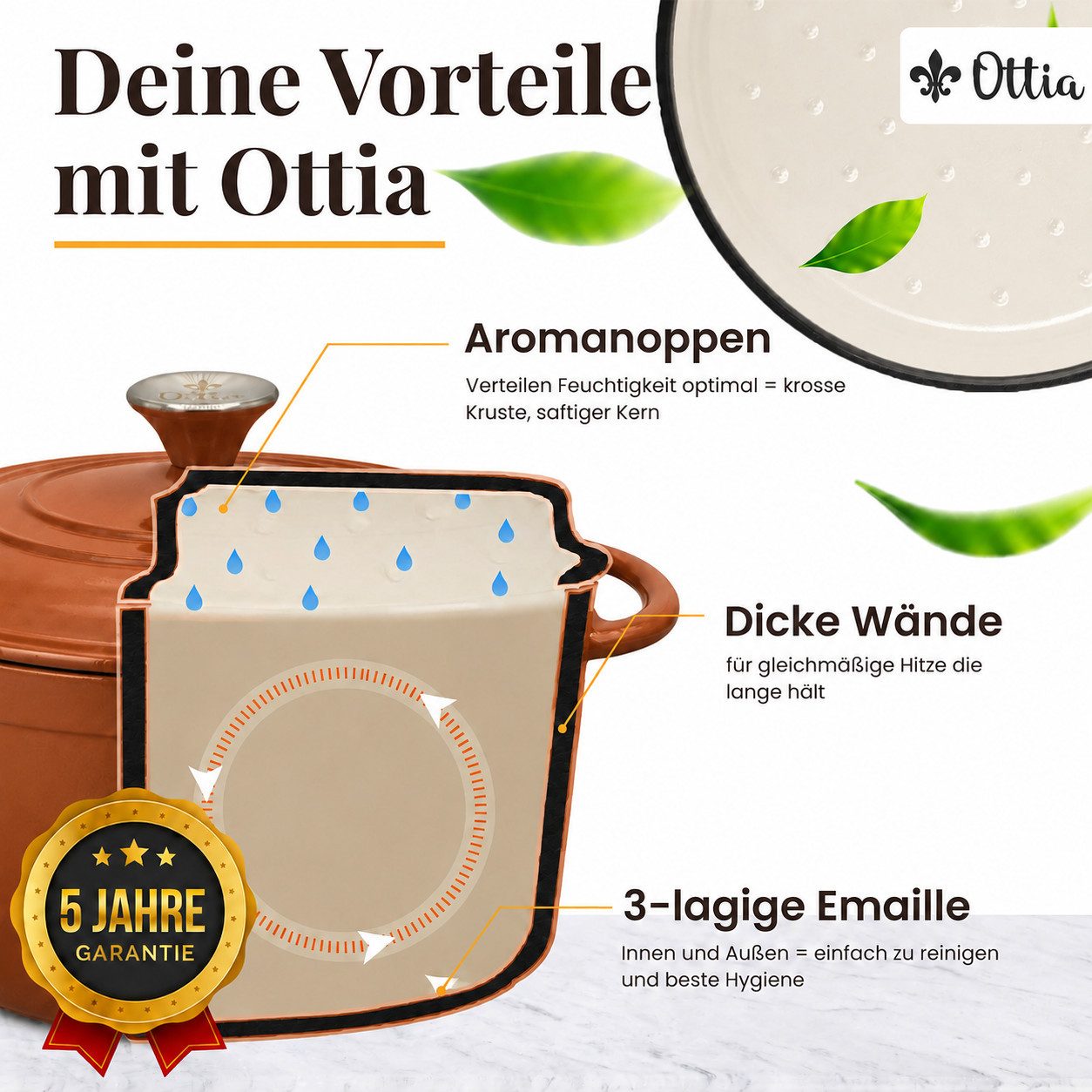 Ottia Schmortopf Gusseisen Topf lc, 26cm groß, 5L, Bräter, Brotbacktopf mit E-Book., Gusseisen, 3-fach Emaille, Händler aus Hamburg