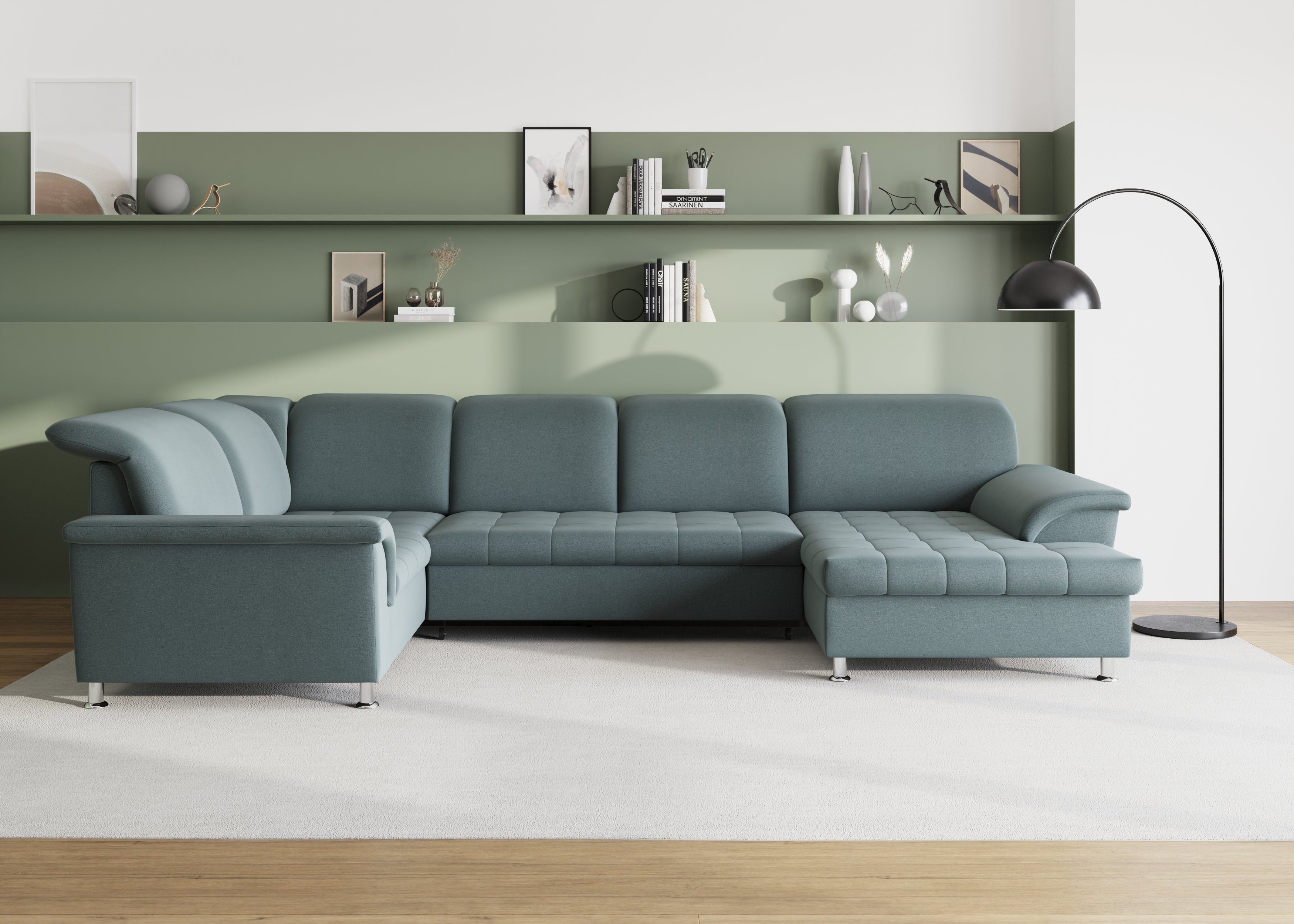 DOMO collection Wohnlandschaft Franzi optional mit Bettfunktion, Bettkasten & Kopfteilverstellung, U-Form, Recamiere rechts, eisblau, B/T: 352/214 cm