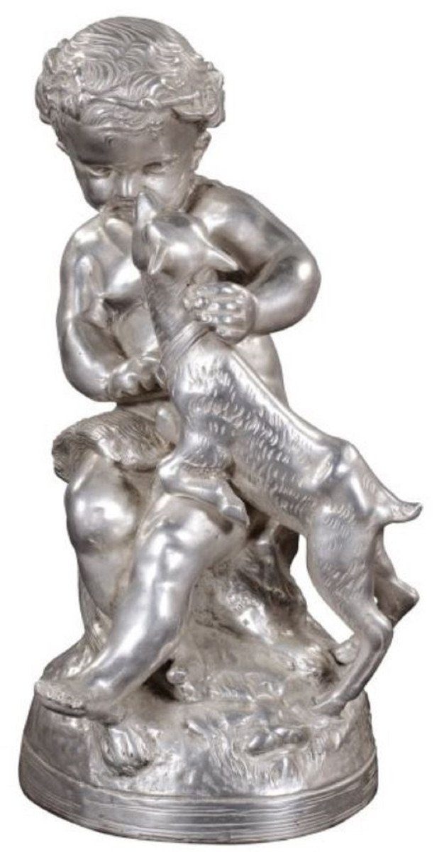Casa Padrino Dekofigur Luxus Bronzefigur Engel mit Lamm Silber 21 x 20 x H. 38 cm - Deko Bronze Skulptur