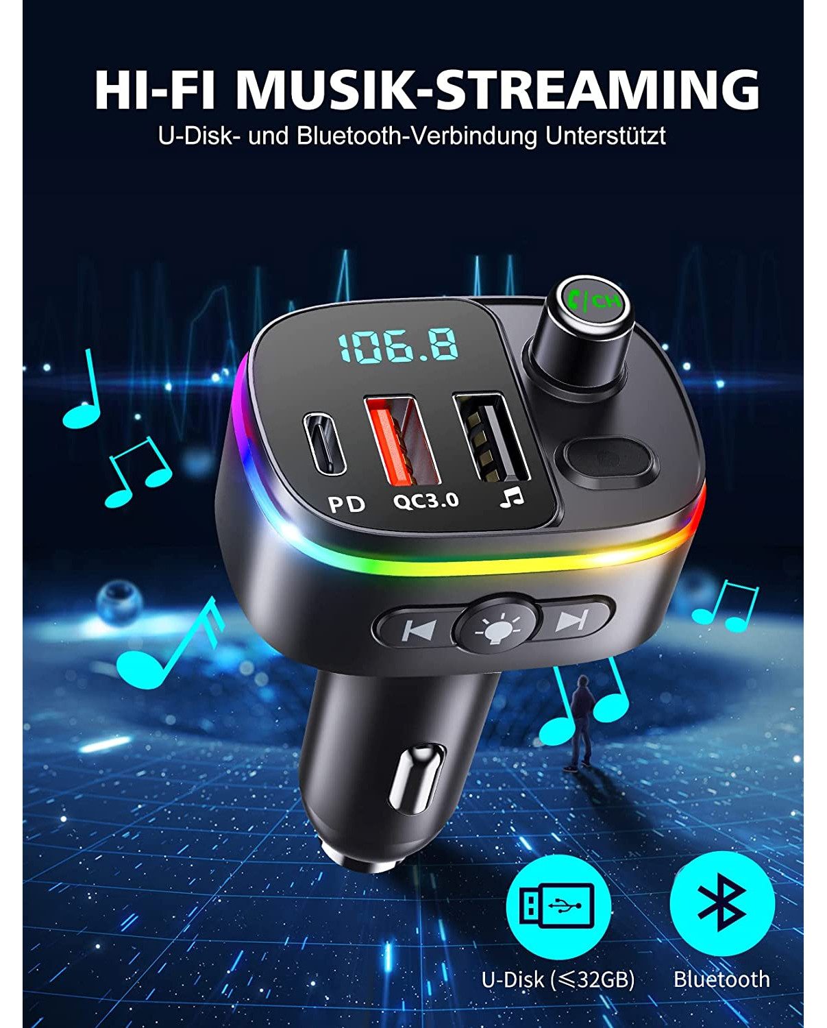 TUWENA Bluetooth Car Adapter, FM Transmitter for Car with 3 USB Ports
