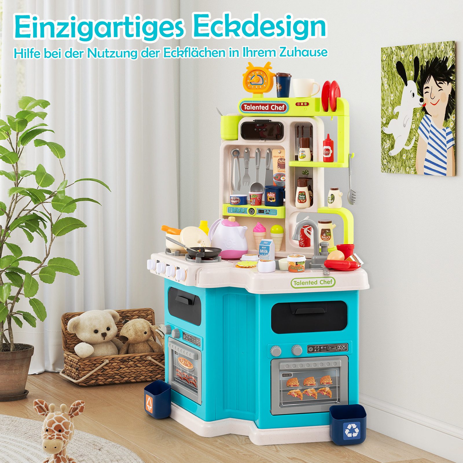 COSTWAY Spielküche PP, mit 75 Zubehör, Eck-Spielküche mit Licht, Sound & Dampf