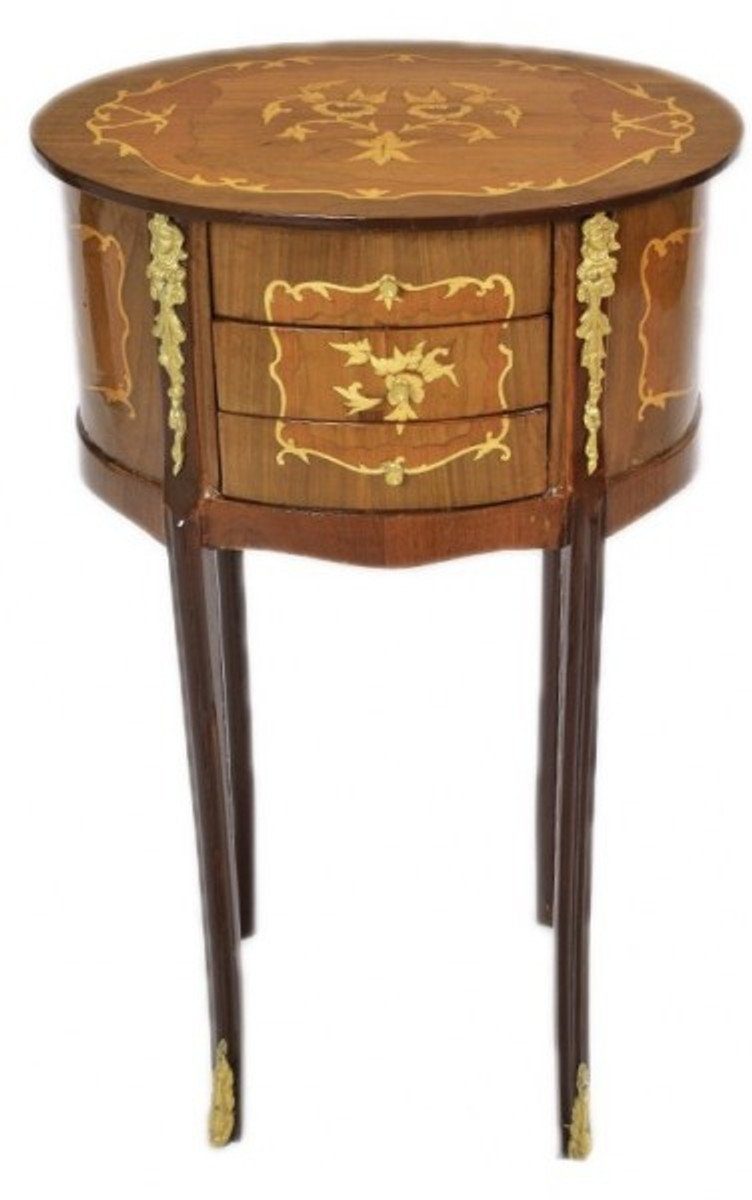 Casa Padrino Beistelltisch Intarsien - 3 Barock Antik / Mahagoni Gold Kommode Oval Schubladen Stil Nachtschrank mit