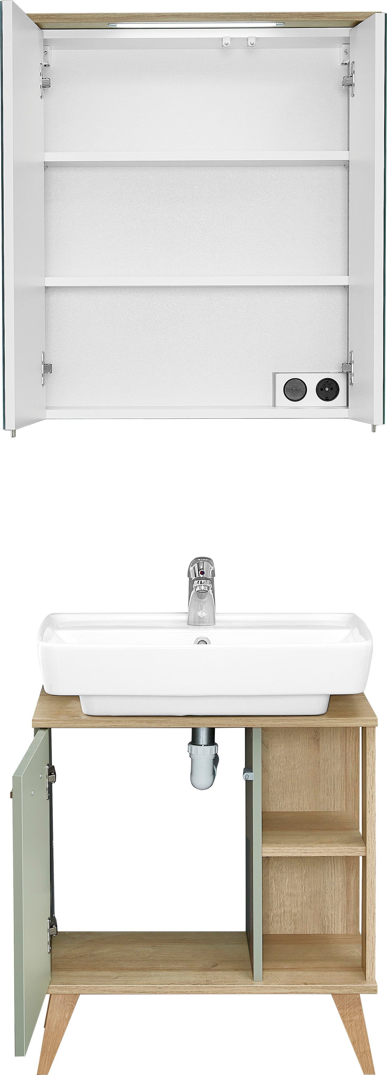 PELIPAL Badmöbel-Set »Quickset 963«, (2-St), aus Waschbeckenunterschrank und Spiegelschrank ink. LED-Beleuchtung, Holzgriff, Türdämpfer-kaufen