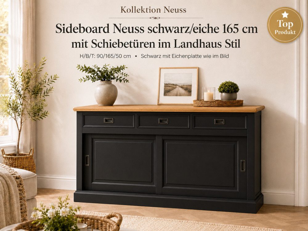 Wohnpalast Sideboard Sideboard Neuss 165 cm schwarz/eiche - Anrichte Landhaus Kommode mit S