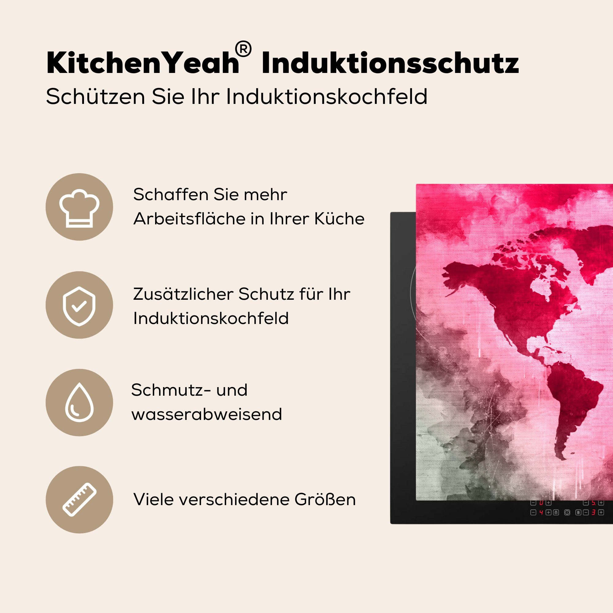 Rot die - cm, Schutz Weltkarte Vinyl, Induktionskochfeld MuchoWow küche, (1 - Schwarz, Herdblende-/Abdeckplatte 81x52 für Ceranfeldabdeckung tlg),