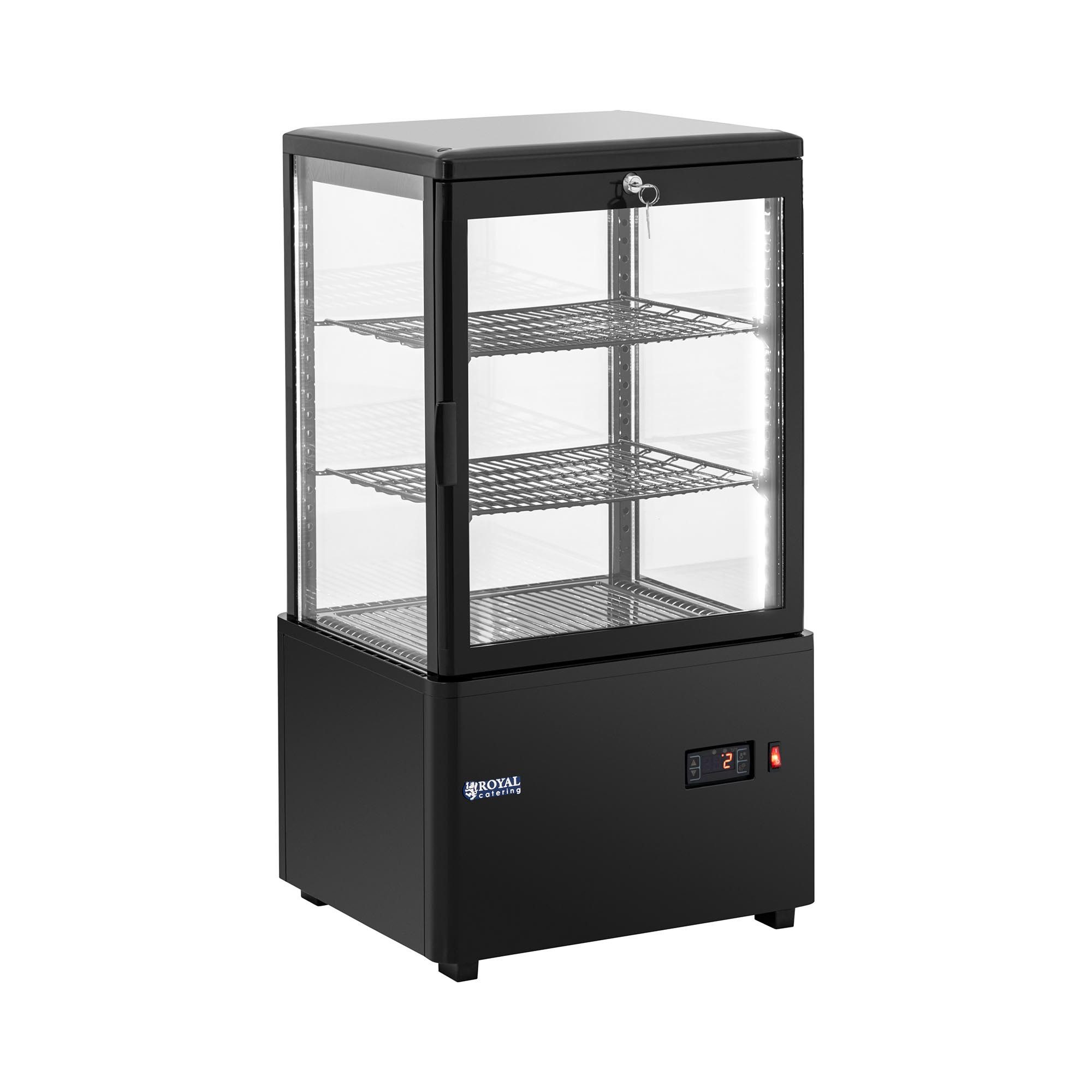 Royal Catering Kühlschrank RCCC-58-BT, 83 cm hoch, 44 cm breit, Kühlvitrine 58 L Kuchentheke 3 Ebenen Kühltheke abschließbar 0 - 12 °C