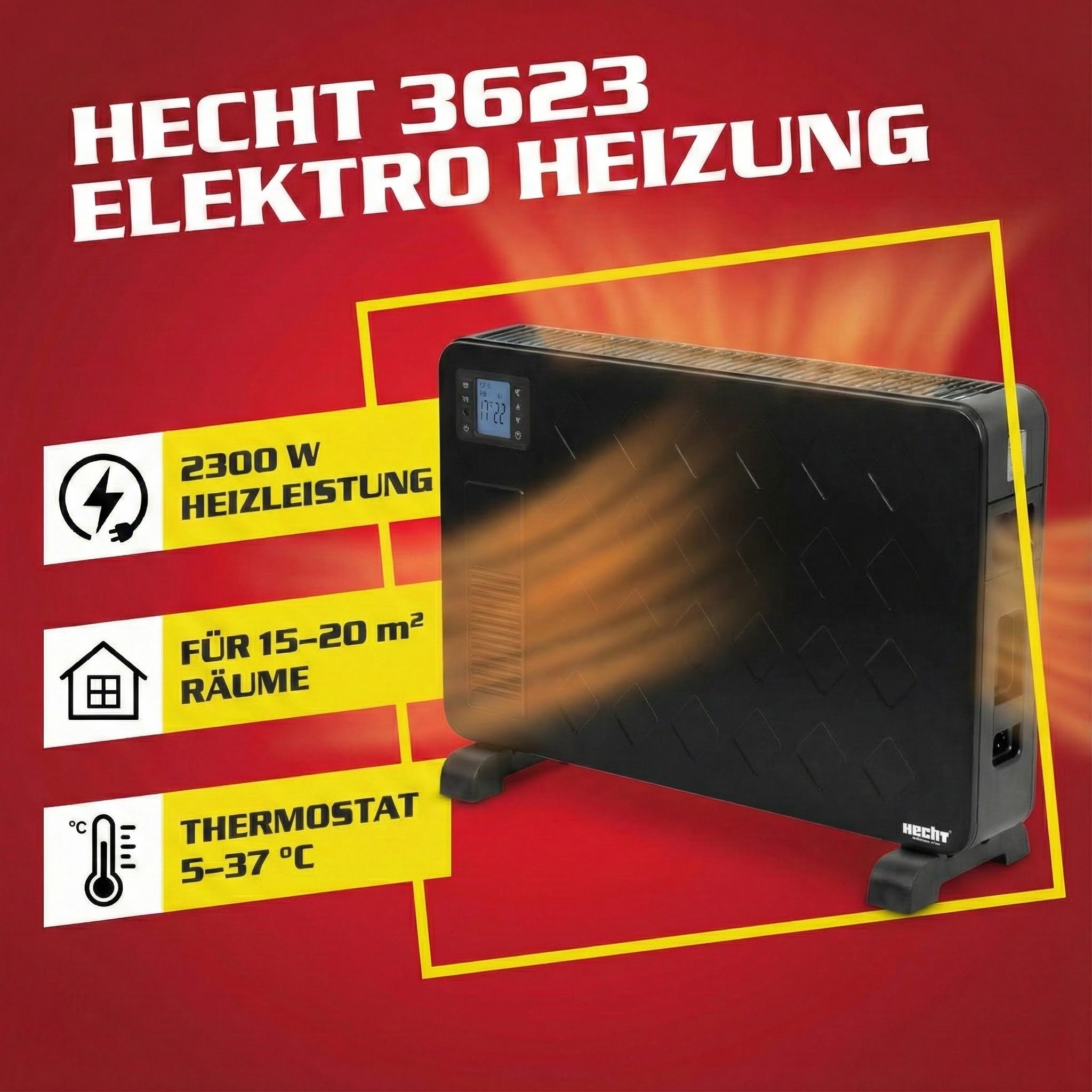 Hecht Konvektor Elektro Heizung Heizlüfter Elektroheizer 3623, 2300 W, Thermostat, Timer, Stromsparend
