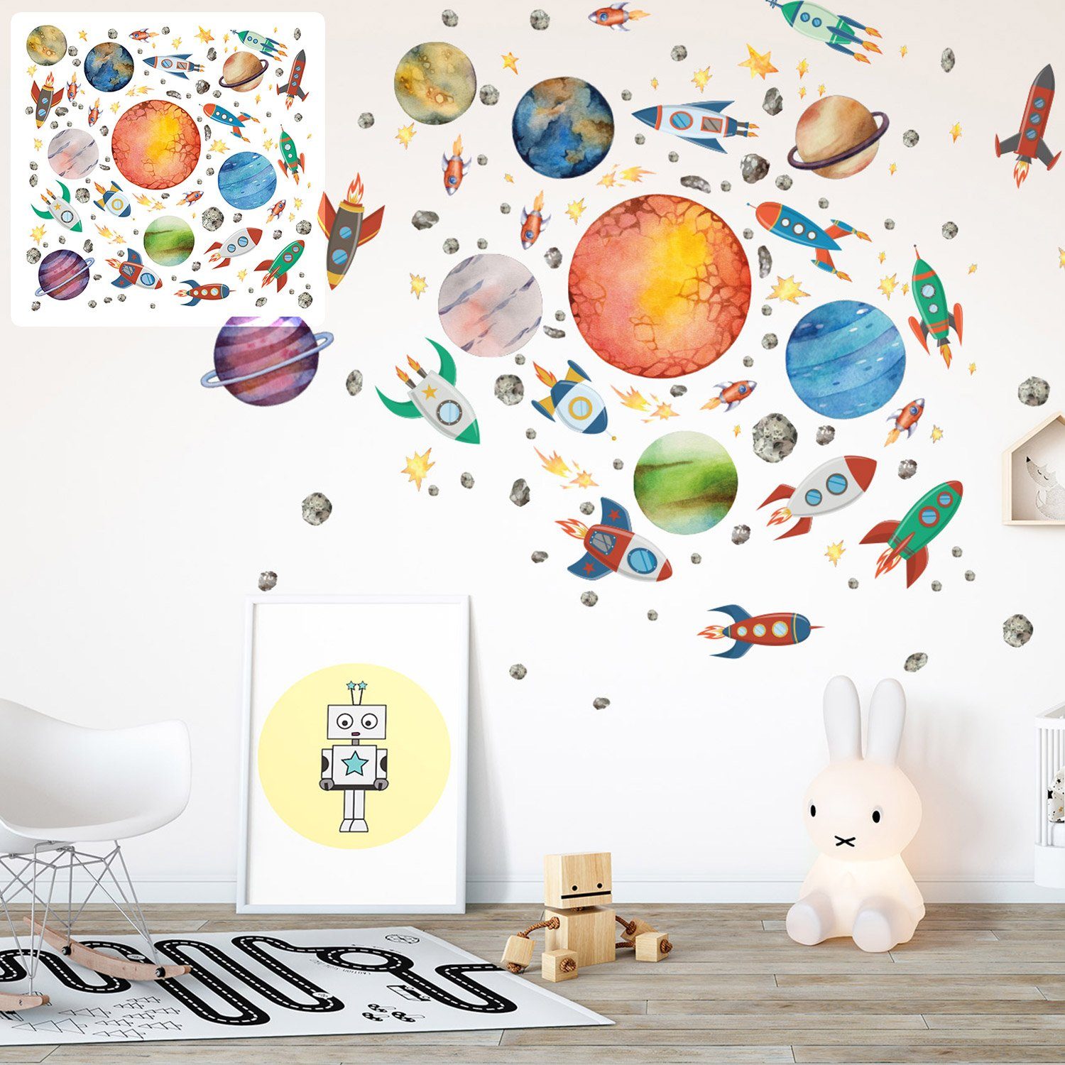 Sunnywall Wandtattoo XXL Rakete Space Ufo Weltraum Wandtattoo Set verschiedene Motive Kinderzimmer Aufkleber bunt Wanddeko