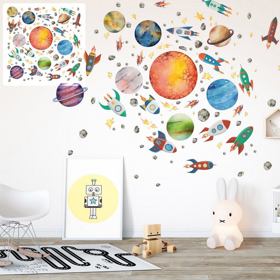 Sunnywall Wandtattoo XXL Rakete Space Ufo Weltraum Wandtattoo Set  verschiedene Motive Kinderzimmer Aufkleber bunt Wanddeko