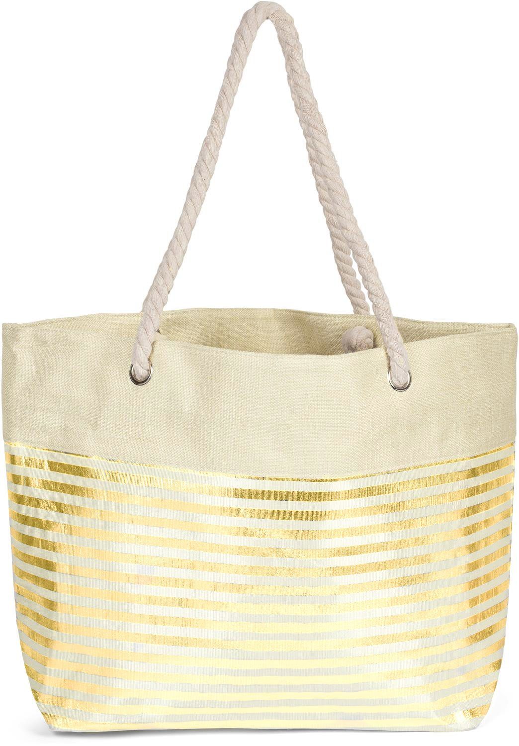 styleBREAKER Strandtasche (1-tlg), Strandtasche mit metallic Streifen Beige-Gold