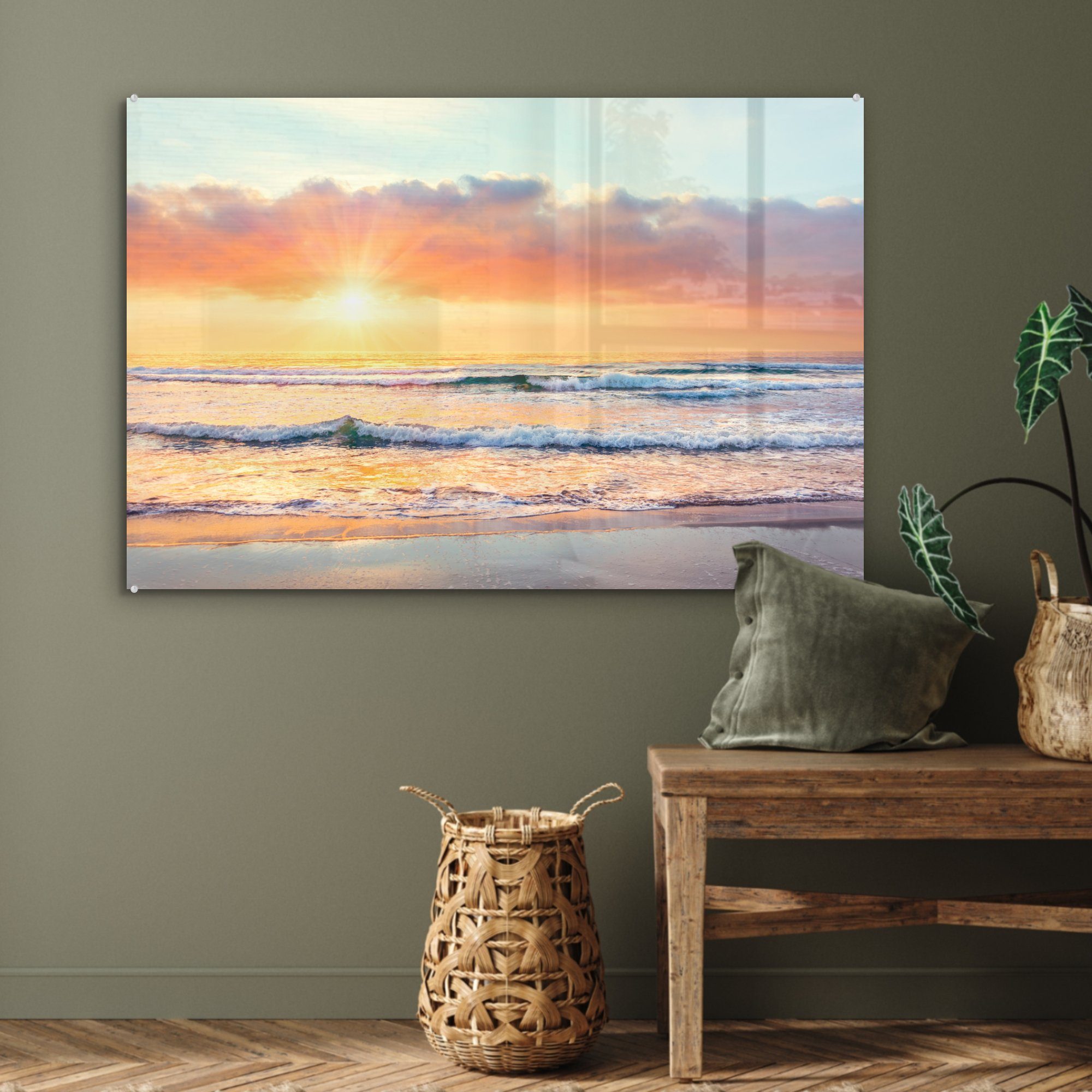 MuchoWow Acrylglasbild Wellen - Sonnenuntergang Wohnzimmer (1 Acrylglasbilder Schlafzimmer Ozean, St), & 