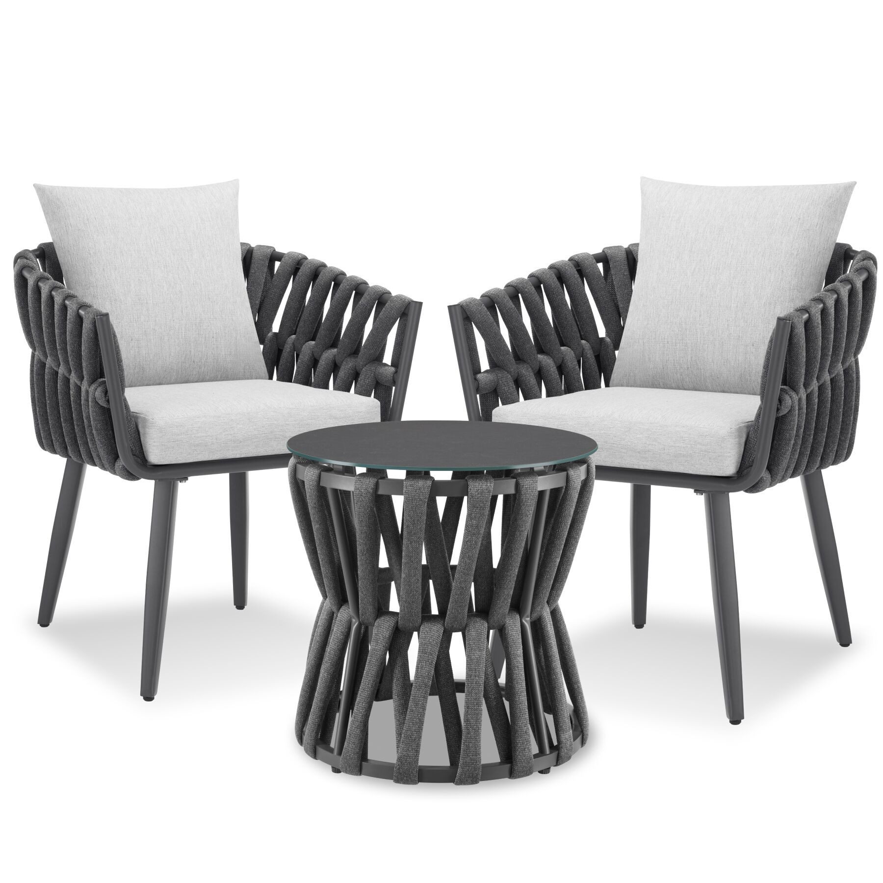 tectake Gartenlounge-Set Aluminium Sitzgruppe, höhenverstellbar, mit Sicherheitsglasplatte, (Gartenmöbel Garnitur Lugano, 3-tlg., im Rope-Design in anthrazit/grau), wetterfest und UV-beständig, gepolstert, Belastbarkeit Stuhl 120 kg