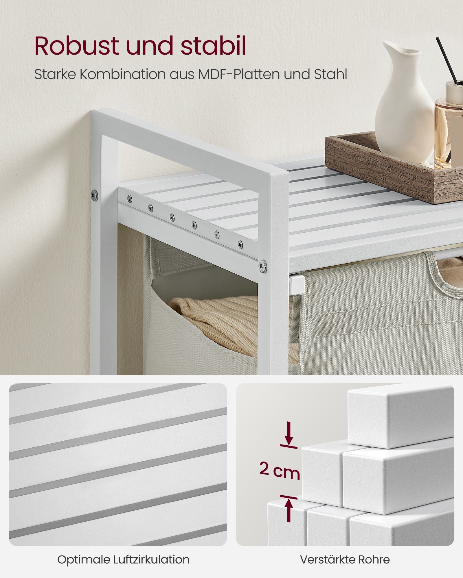 VASAGLE Wäschekorb Wäschesammler mit Ablage, Wäschesack abnehmbar, 65 L, 50 x 33 x 72 cm, Wäschebox, Metallrahmen, weiß – Bild 5 von 5