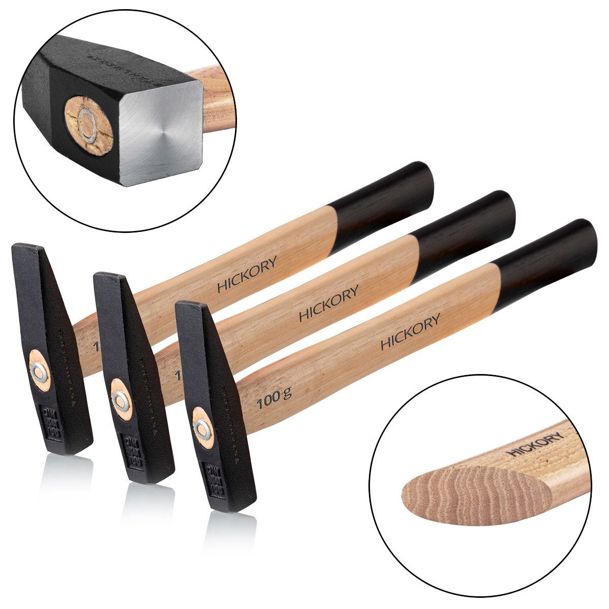 STAHLWERK Hammer 3 x Hammer Schlosserhammer 100g robuster Stahlkopf (Set, 3-St., Set), vibrationsdämpfender Griff aus Hickory-Holz
