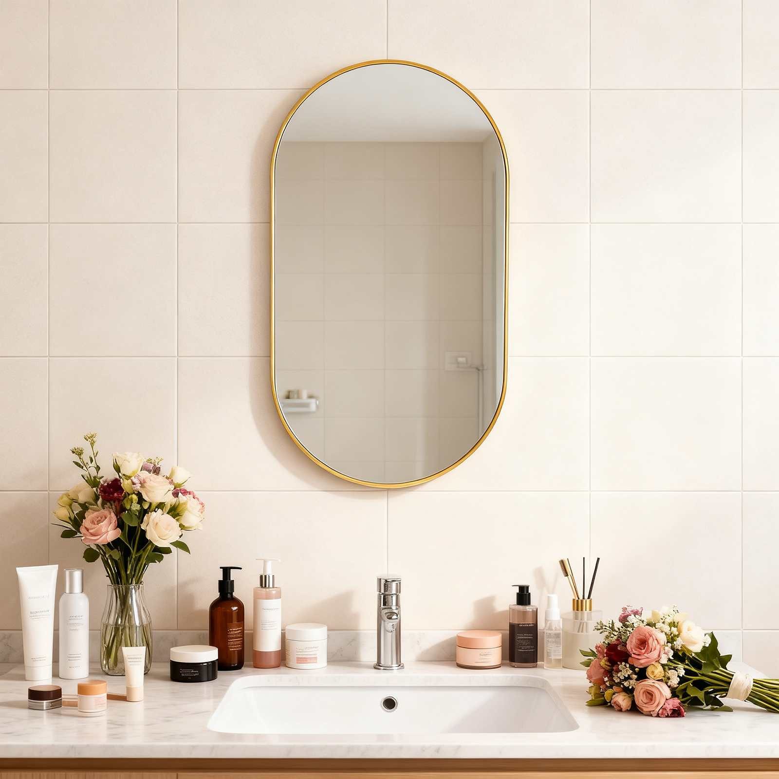 BBG Badspiegel Badezimmerspiegel 50x70 cm, mit Sicherheitsglas, explosionsgeschützt, horizontal & vertikal montierbar