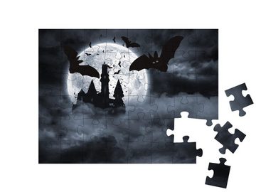 puzzleYOU Puzzle Digitale Fledermäuse fliegen vor Draculas Schloss, 48 Puzzleteile, puzzleYOU-Kollektionen Vampire