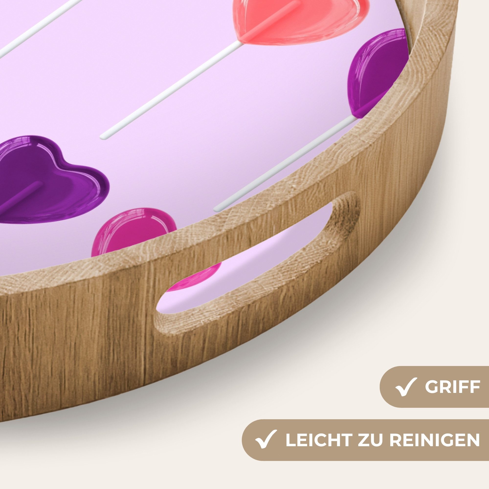 OnlyWow Tablett Rund mit Henkel Lutscher - Herz - Rosa - Bonbon, Eichenholz, (1-tlg), Siervierplatte, Tray, Frühstücksbrett