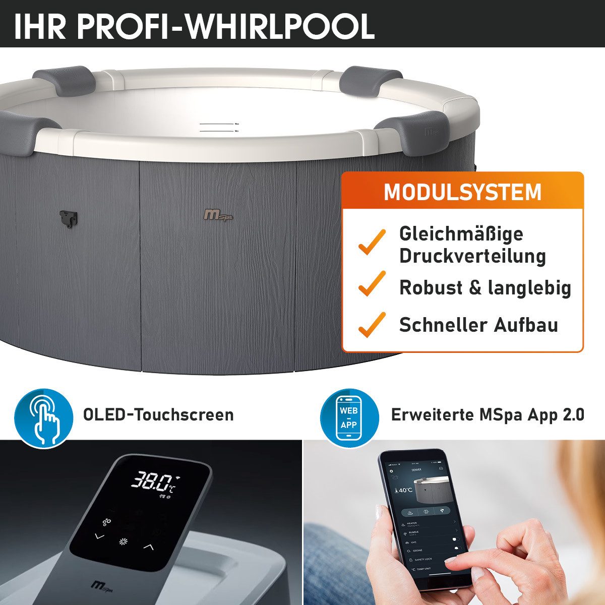 BRAST Whirlpool MSpa Denver & Rova mit Fester Außenwand, Ø182x70cm, (Stromsparend, LED Beleuchtung), für 6 Personen, Ganzjähriger Einsatz