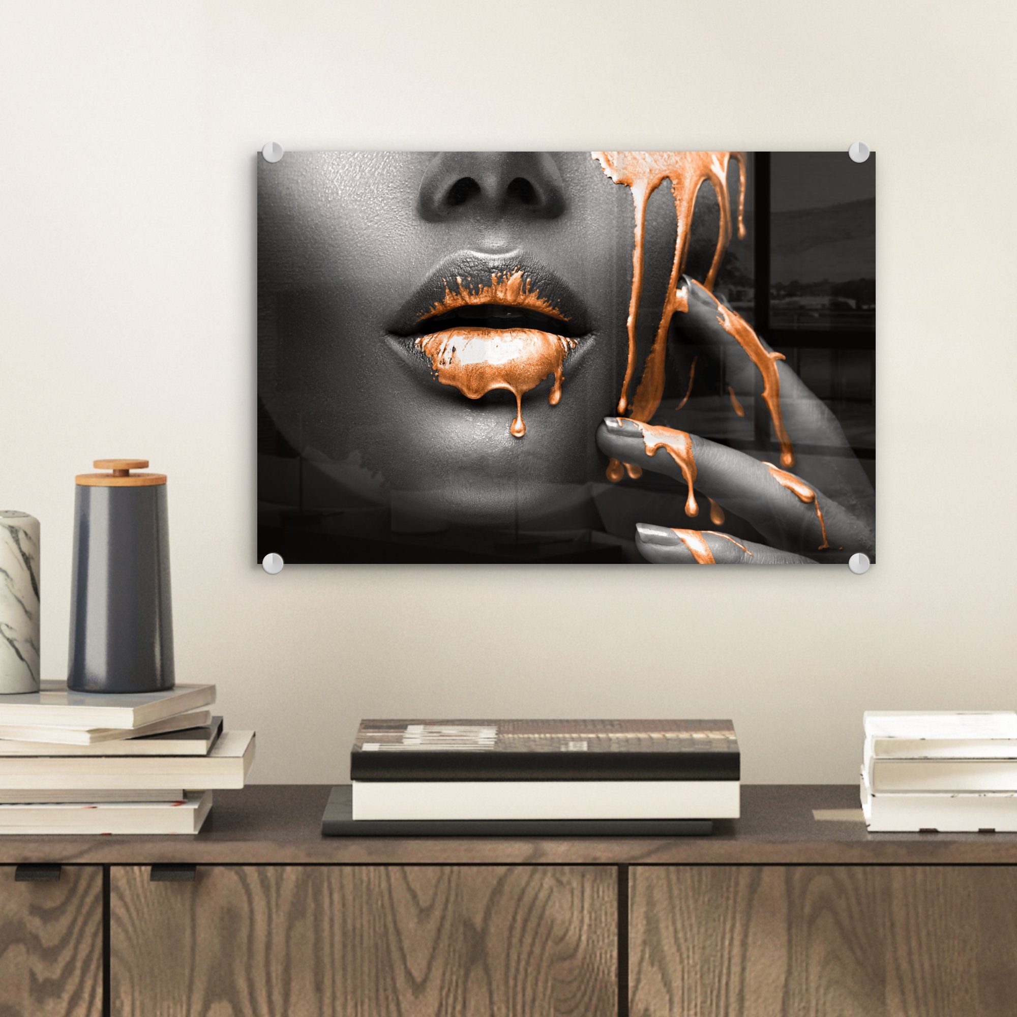 MuchoWow Acrylglasbild Lippen Glas Wandbild auf Wanddekoration St), auf Glas (1 - - Schwarz, Orange Glasbilder - - - Bilder Foto