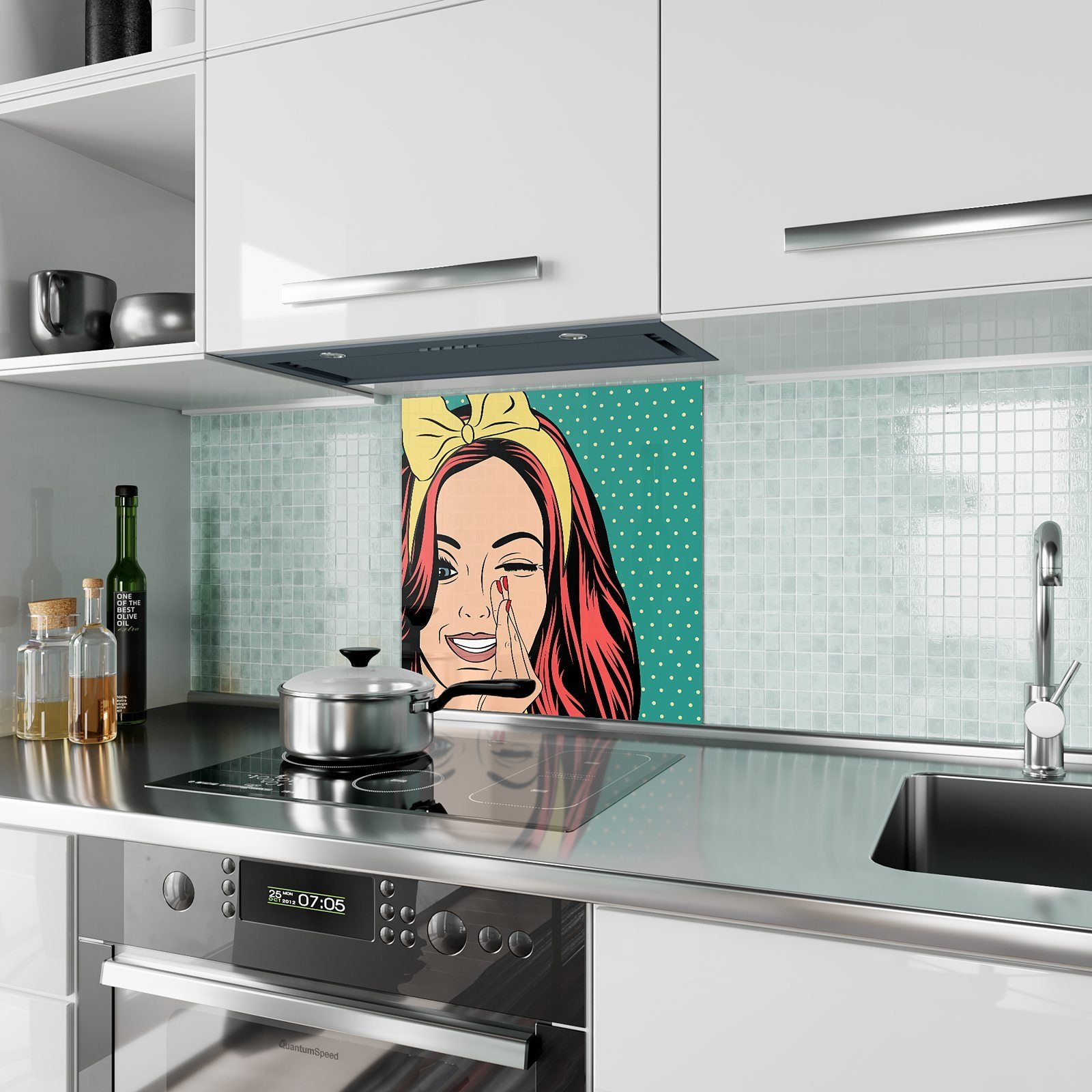Primedeco Küchenrückwand mit Mädchen mit Glas Spritzschutz Haar Küchenrückwand farbigem Motiv