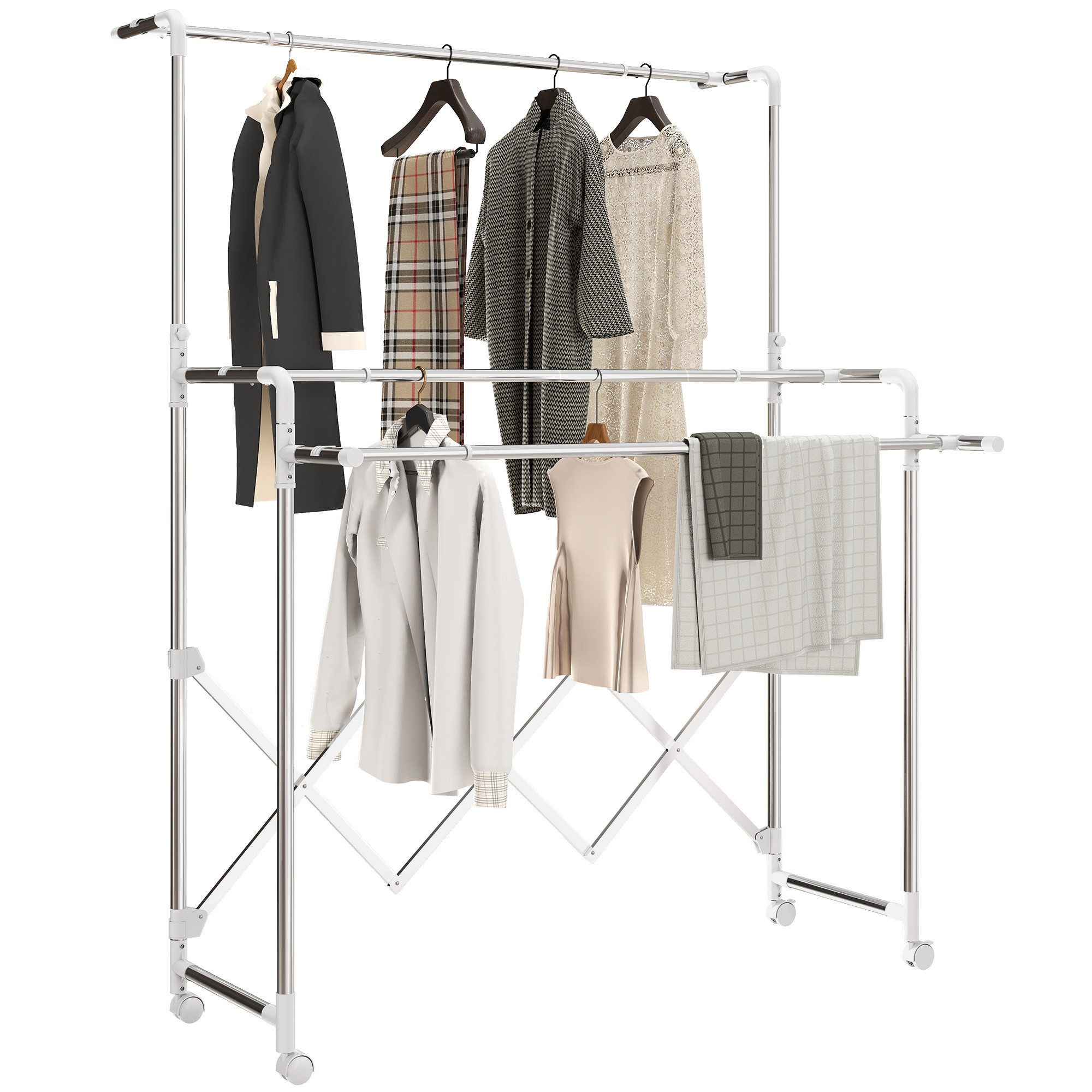HOMCOM Wäscheständer Standtrockner, Turmwäscheständer auf Rollen, Innen/Außen, für Lange Kleidungsstücke, für Wohnung, 104-150x103x145-197cm, Silber