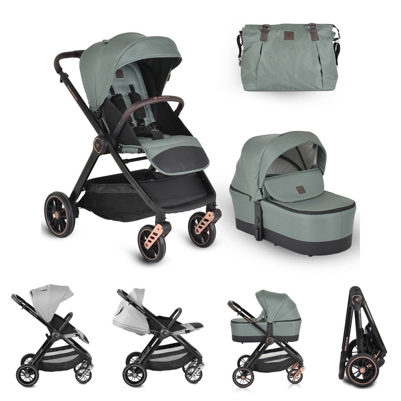 grün in 2 PU-Räder Macan Kombikinderwagen 1, Kombi-Kinderwagen Sportsitz Cangaroo Tasche Gurt Babywanne