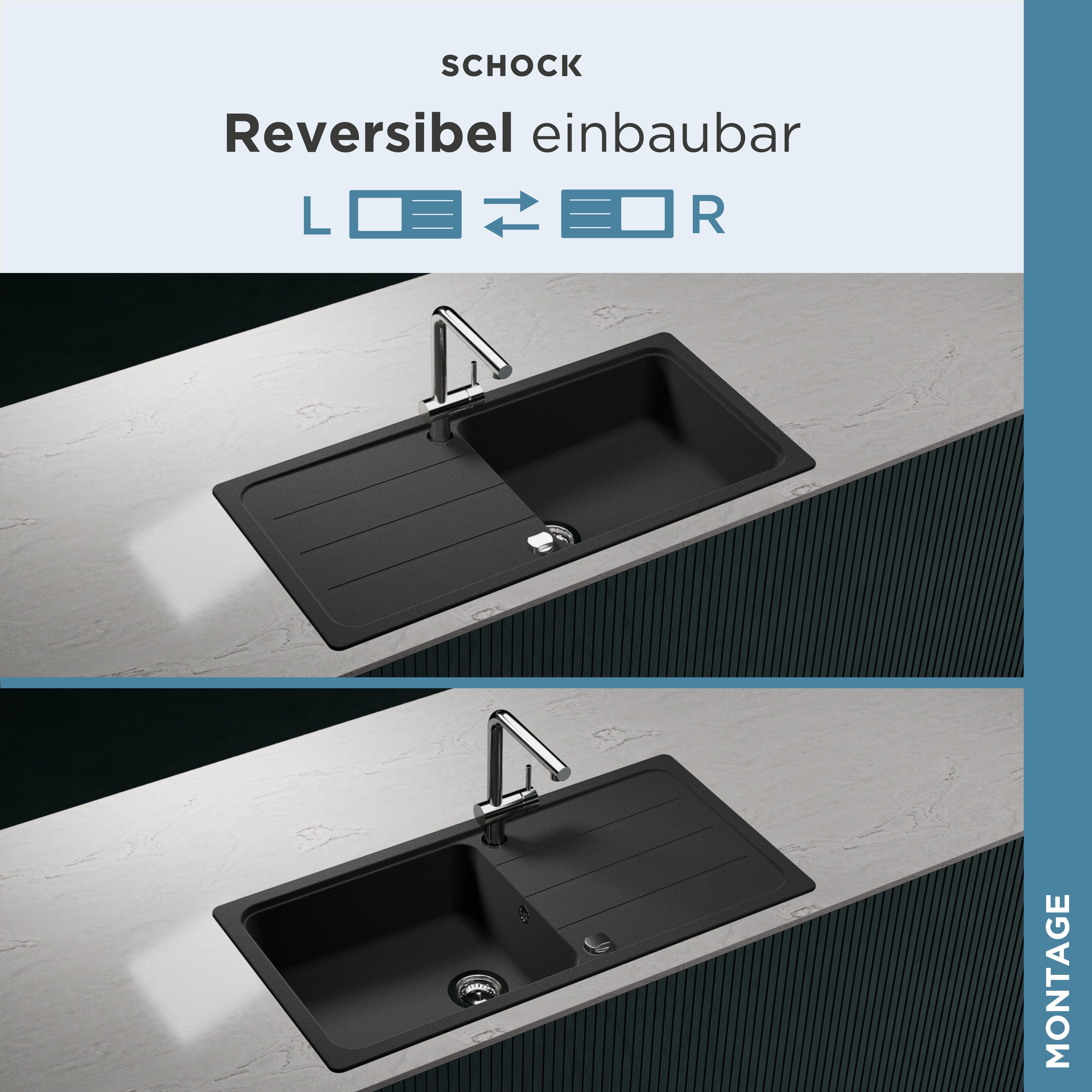 Schock granite sink COMO D-100L, square, 100/50 cm, remote drain control, including drain and overflow fitting, rotary hex center, diamond drill bit