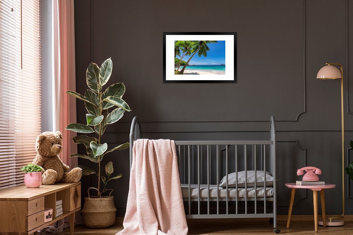 Kunstdruck, - Bilderrahmen (1 mit St), - Strand Schwarzem Rahmen, MuchoWow Gerahmtes Palme - Meer Insel, Poster Poster,