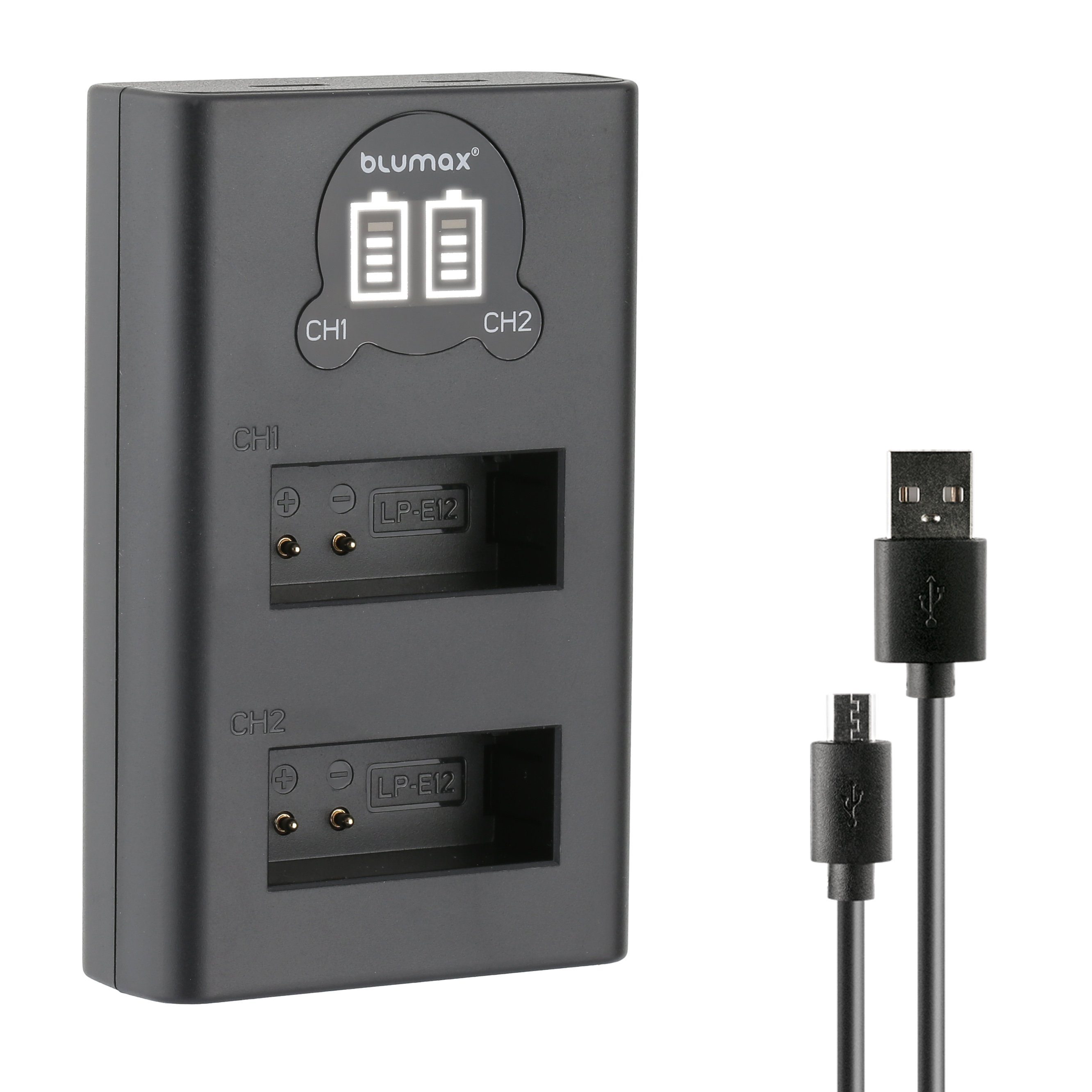 Blumax Dual LCD Ladegerät, für Canon LP-E12 USB-C Kamera-Ladegerät