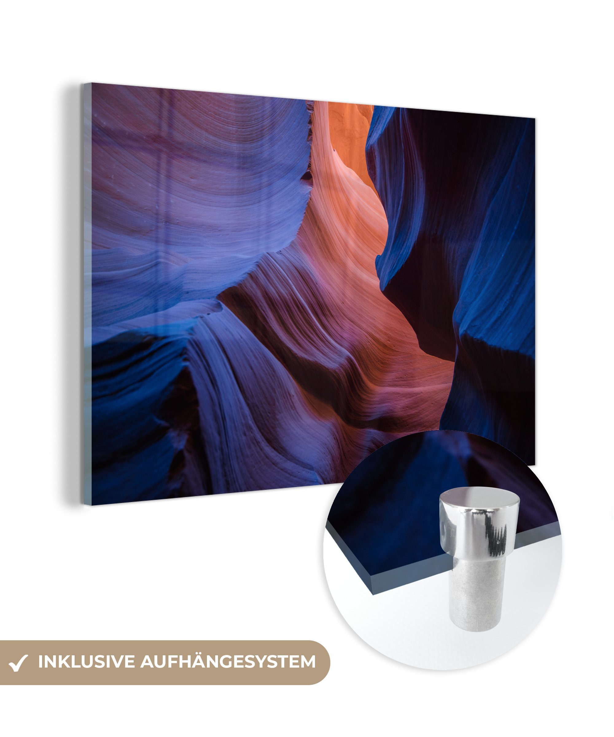 MuchoWow Acrylglasbild Dunkelblau leuchtet durch die Rillen des Antelope Canyon, (1 St), Acrylglasbilder Wohnzimmer & Schlafzimmer