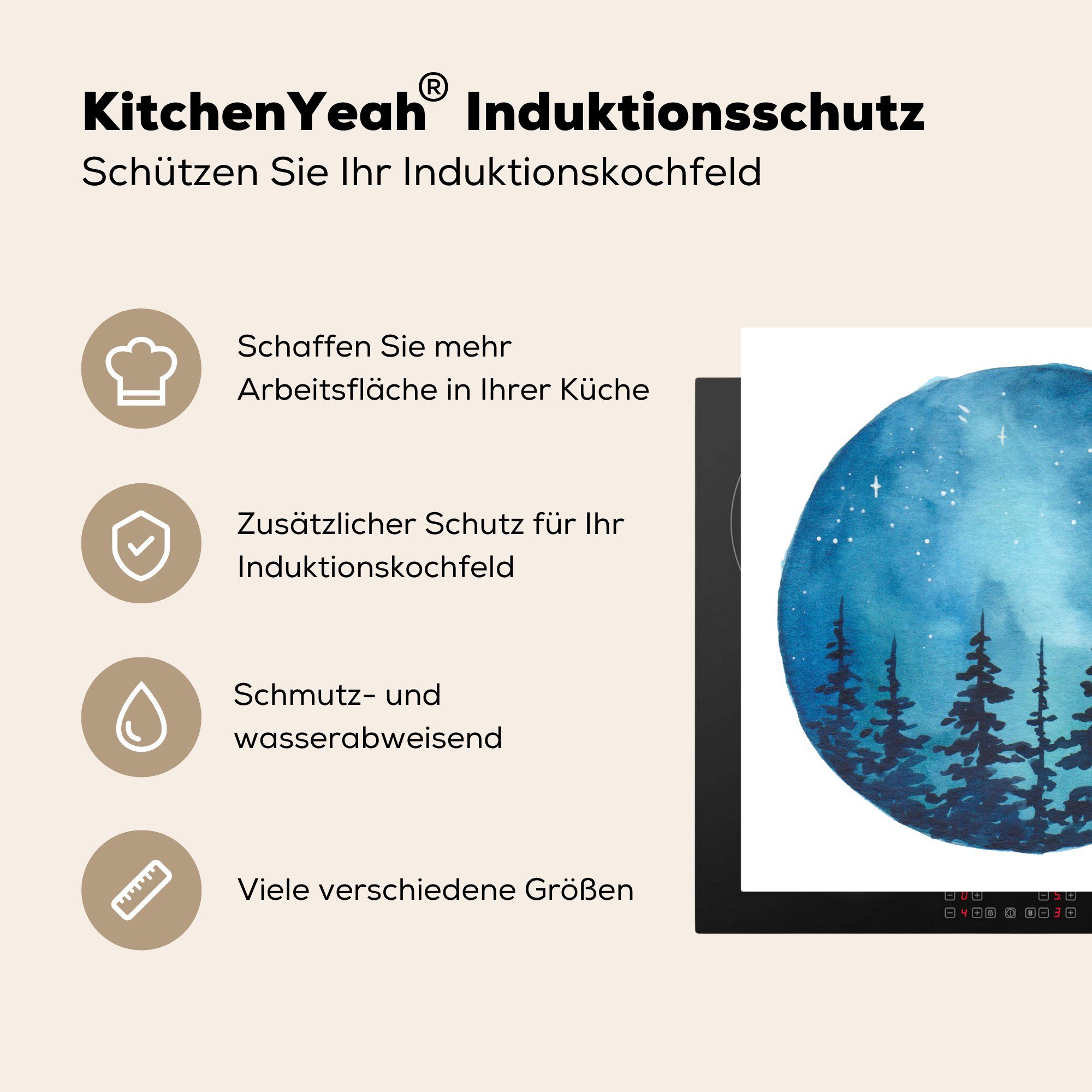 Baum, Sterne cm, - küche Arbeitsplatte - MuchoWow tlg), Vinyl, Ceranfeldabdeckung, (1 Herdblende-/Abdeckplatte für Aquarell 78x78