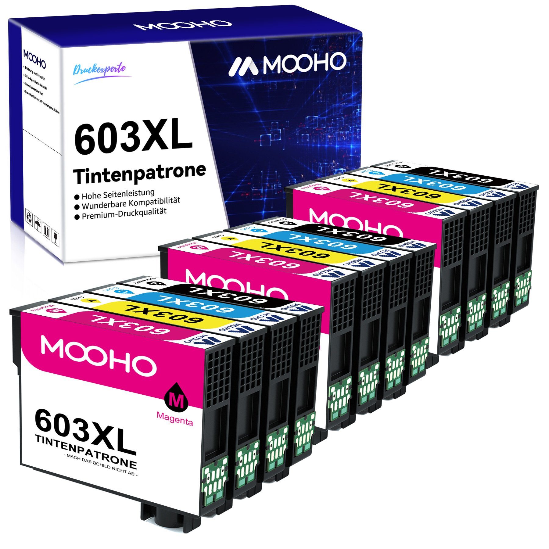 MOOHO für EPSON 603XL WF-2830 2850 2835 2810 Tintenpatrone 3x Schwarz, 3x Cyan, 3x Magenta, 3x Gelb (12er-pack)