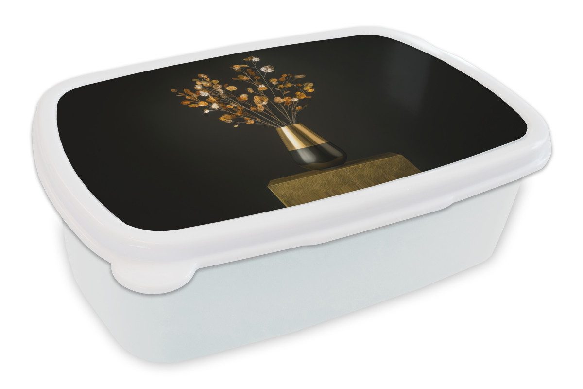 MuchoWow Lunchbox Goldbraun - Blätter - Vase - Herbstlich, Kunststoff, (2-tlg), Brotdose Schule oder Arbeit, Brotbox für Kinder und Erwachsene