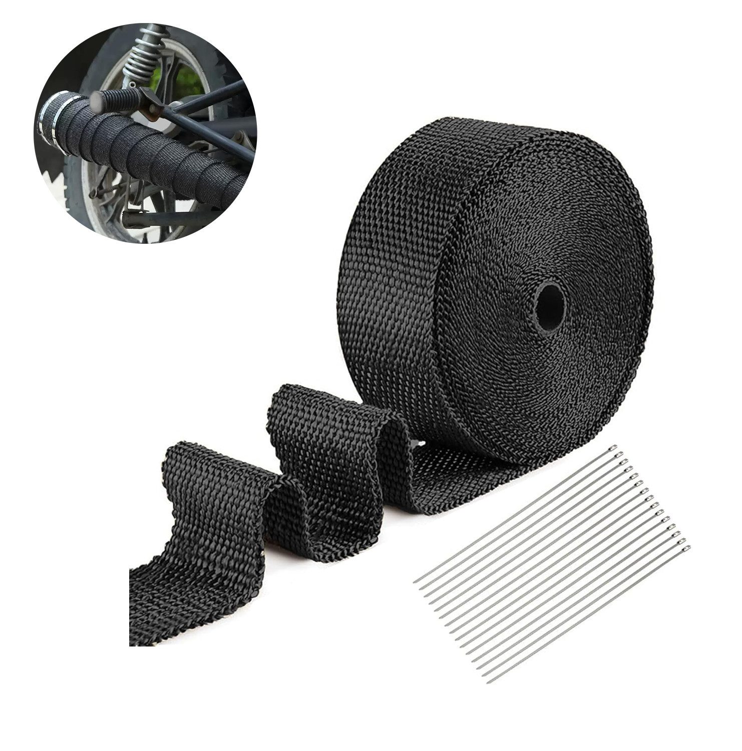 BlingBin Auspuff-Flexrohr Auspuffrohr-Dichtungsband, isolierend und hochtemperaturbeständig, (1 Set, 1-tlg), Exhaust Tape 15m Heat Insulation Tape 10 Metal Cable Locking Ties