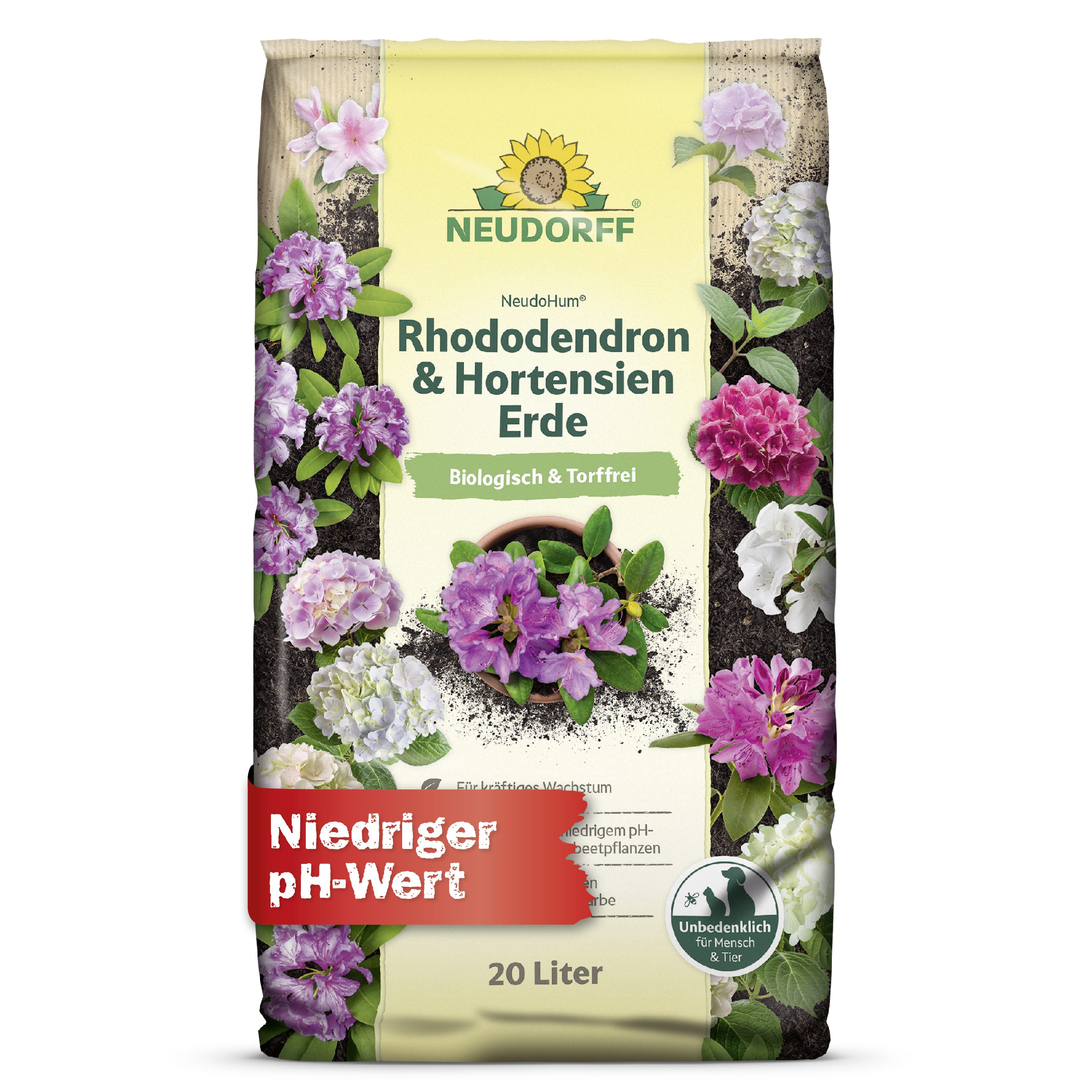 Neudorff Spezialerde NeudoHum Rhododendron- & HortensienErde 20 Liter, mit Organische Grunddüngung, (Einzelartikel, Für strahlende Blüten und intensive Blattfarbe), Niedriger pH-Wert, für kräftiges Wachstum und intensive Farben