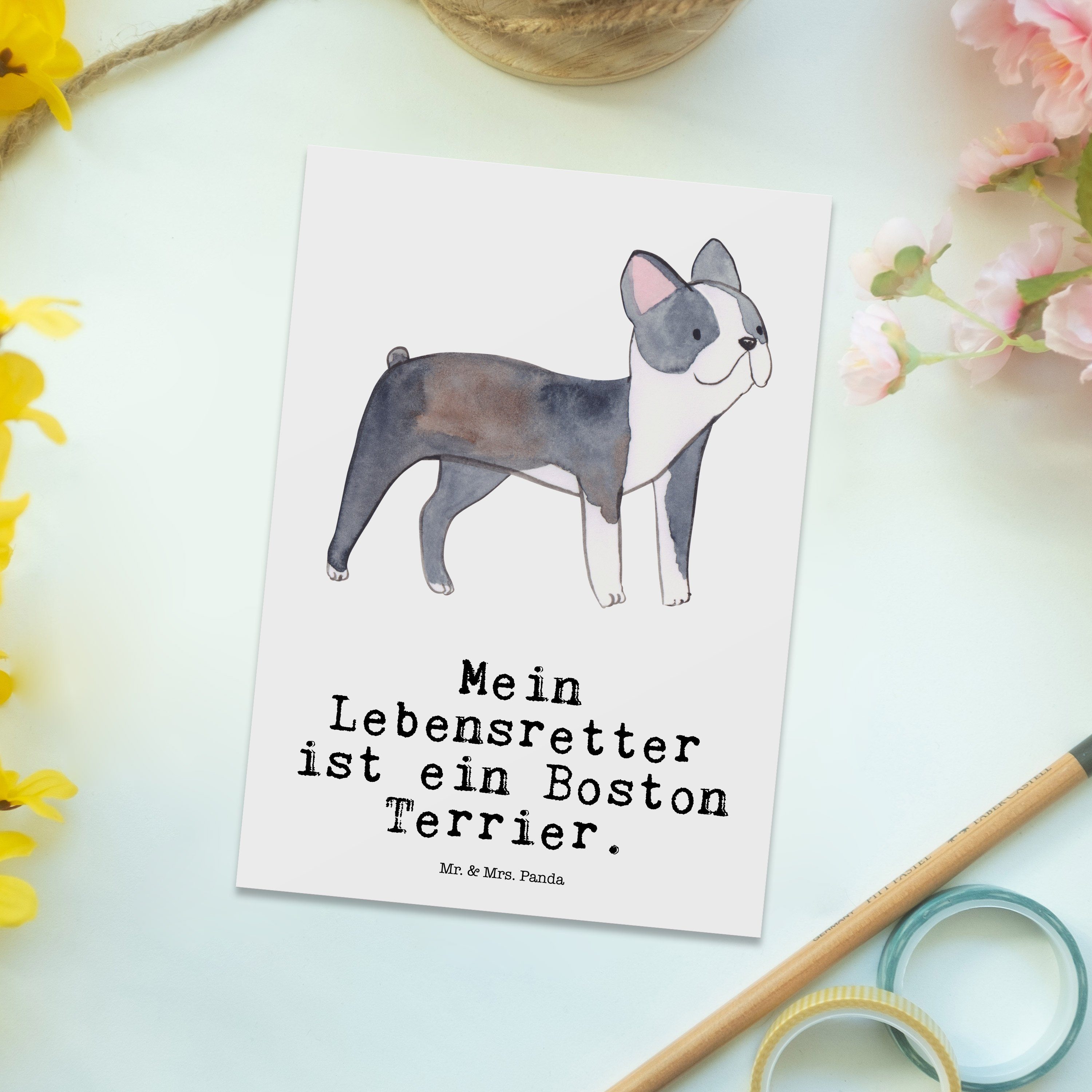 Boston Hund Lebensretter Postkarte Weiß - Grußkarte, Terrier & Mr. Panda Welpe, Geschenk, Mrs. -