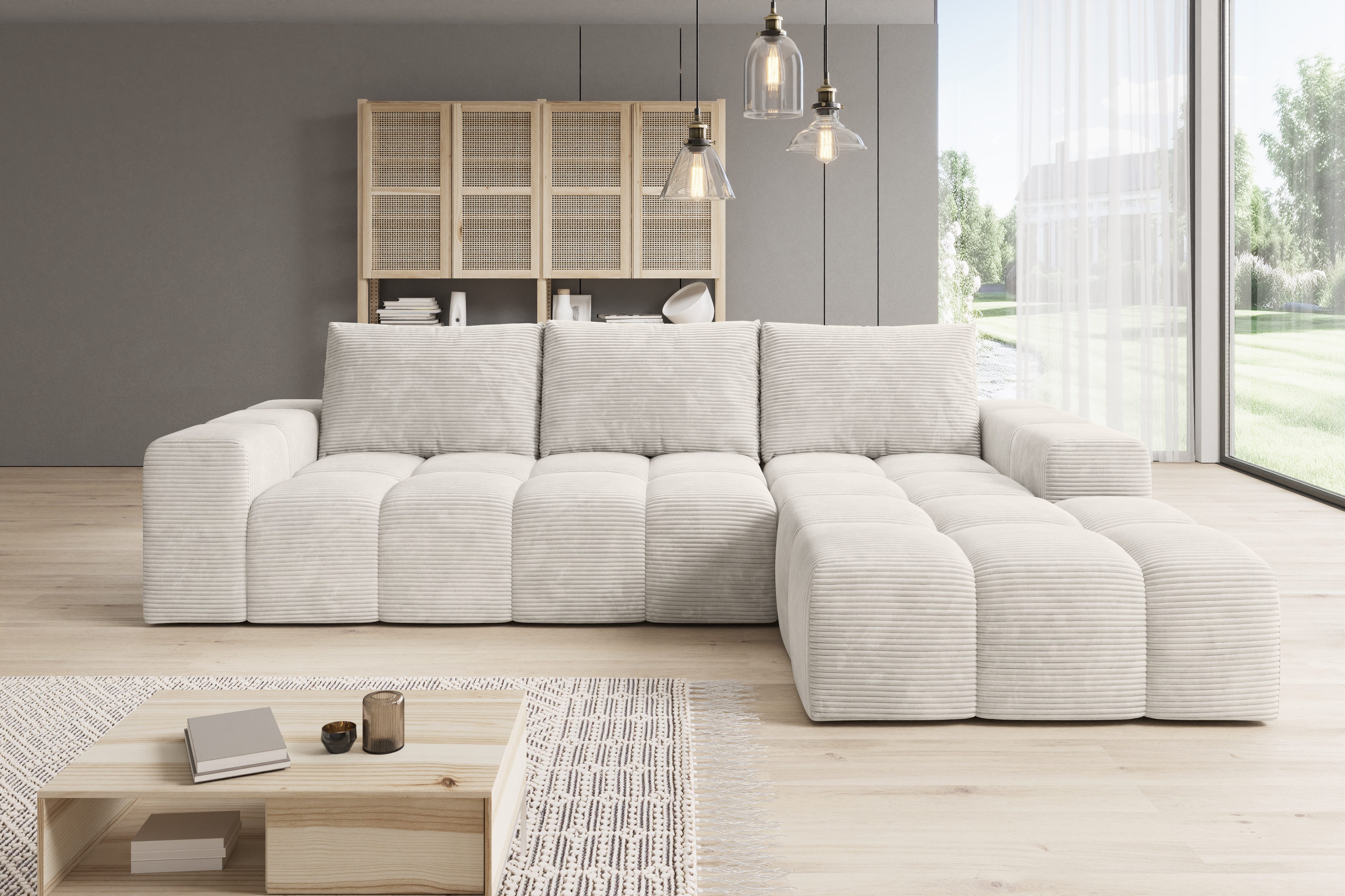 PROMETO Möbel Ecksofa Cento Couch L-Form,Sofa Links/Rechts Teddy-Bouclé, Web oder Cord-Stoff