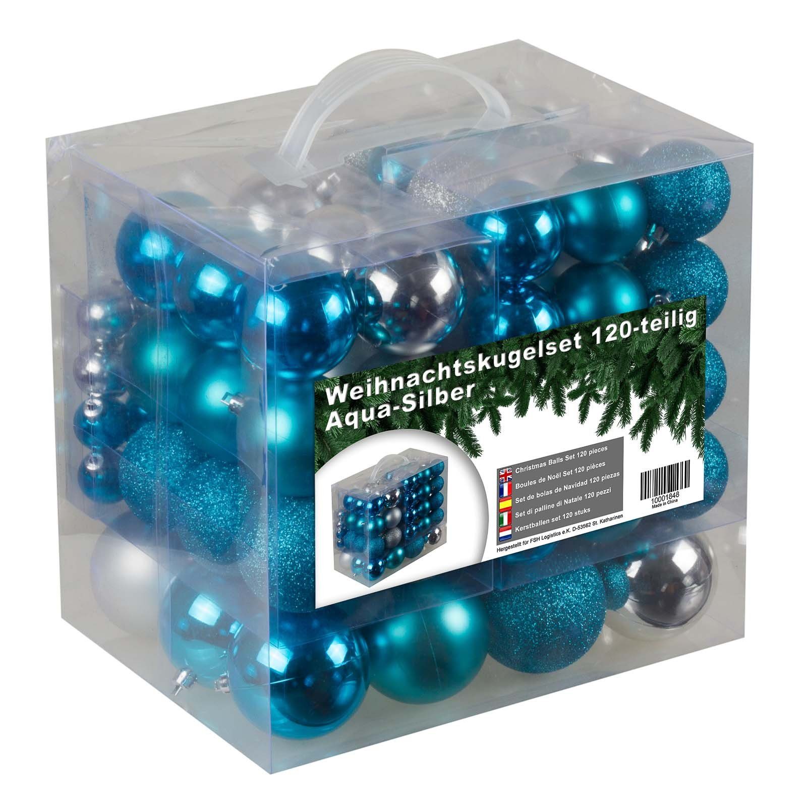 FSH Weihnachtsbaumkugel verschiedene für (120 Christbaumkugeln und Außenbereich, Tannenschmuck Farbe Aqua/Silber 120 Innen- Weihnachtskugeln St), Glänzend Matt, Glitzernd